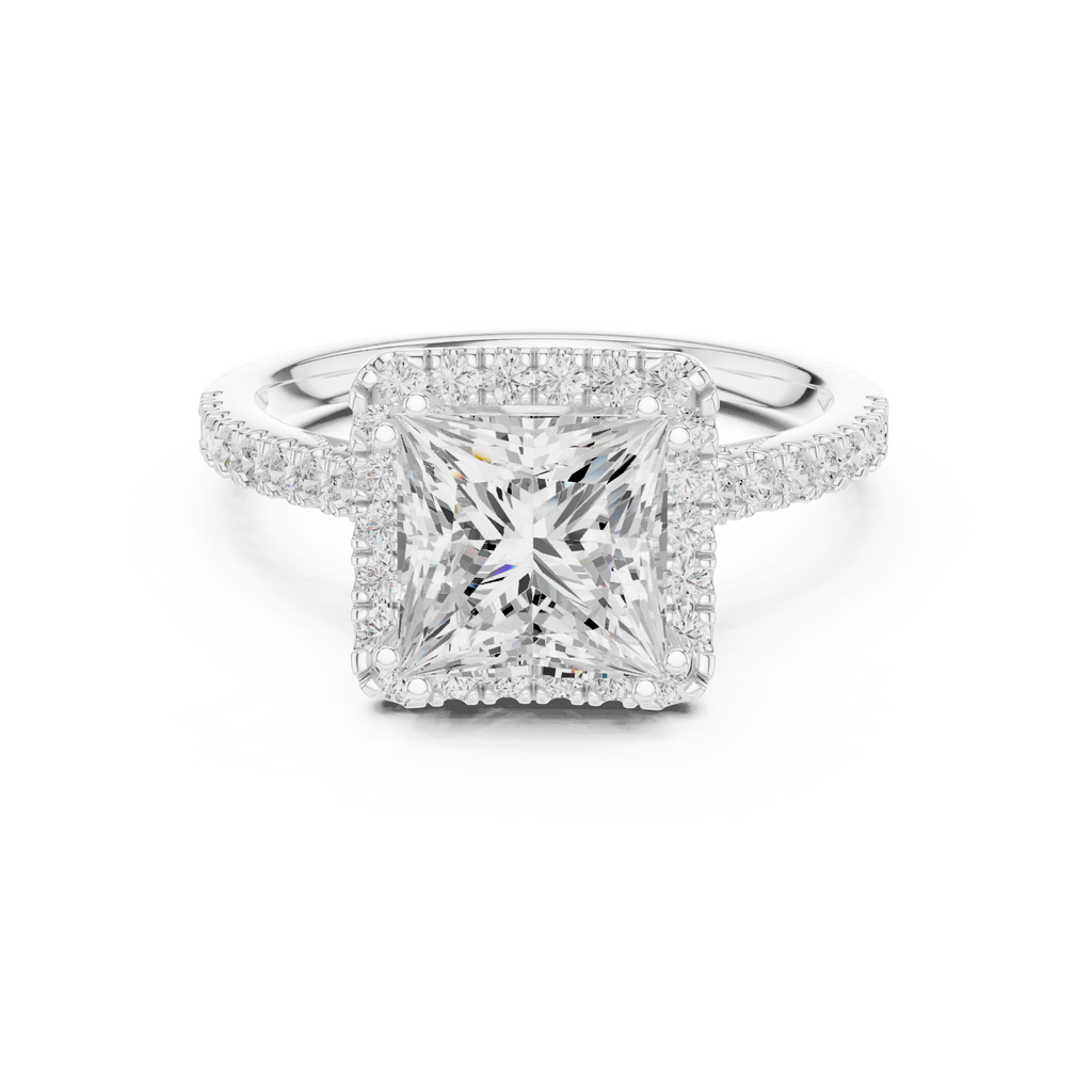2.50 CTW Classic Pavé Halo Princess Cut Moissanite Engagement Diamond Ring with 14K White Gold