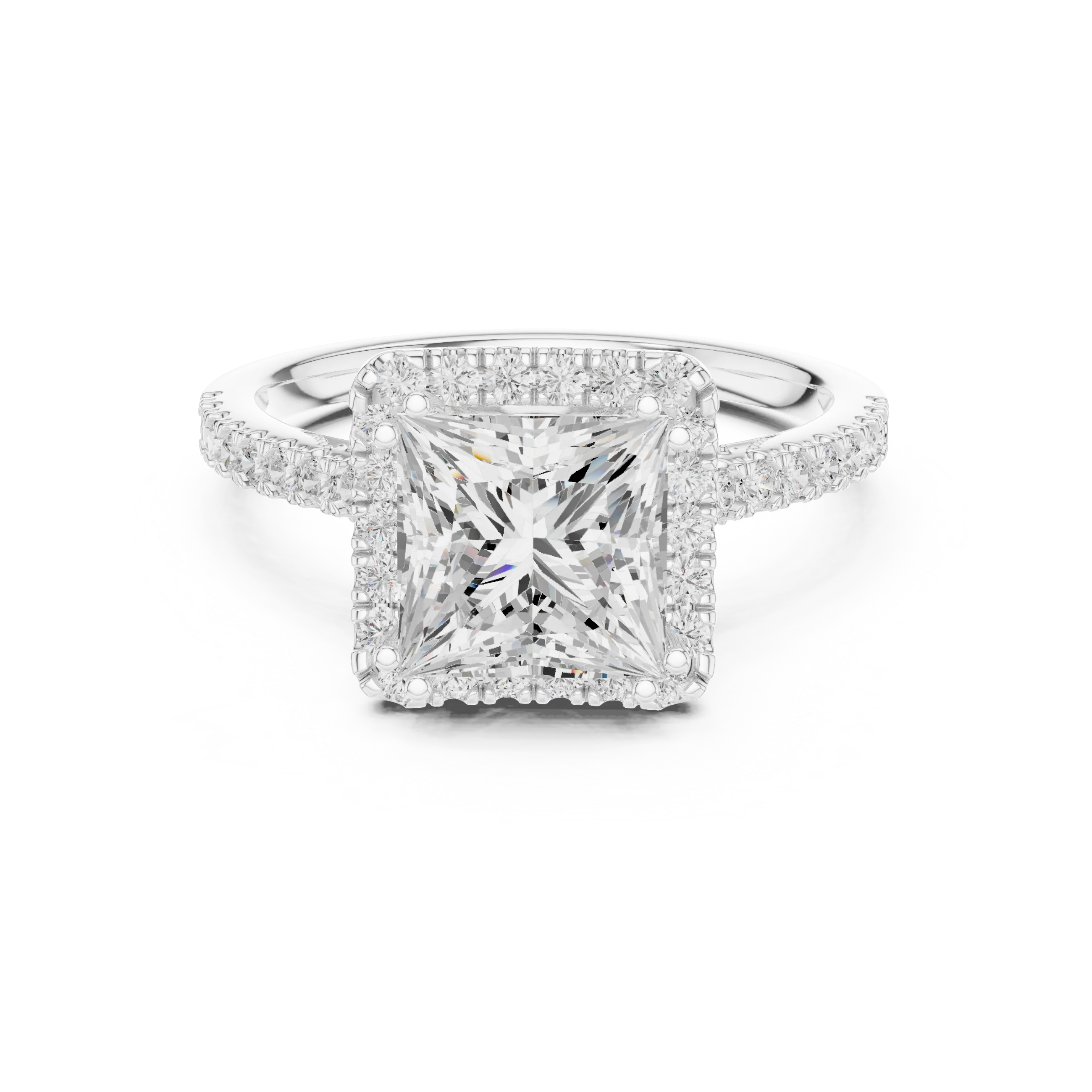 2.50 CTW Classic Pavé Halo Princess Cut Moissanite Engagement Diamond Ring with 14K White Gold