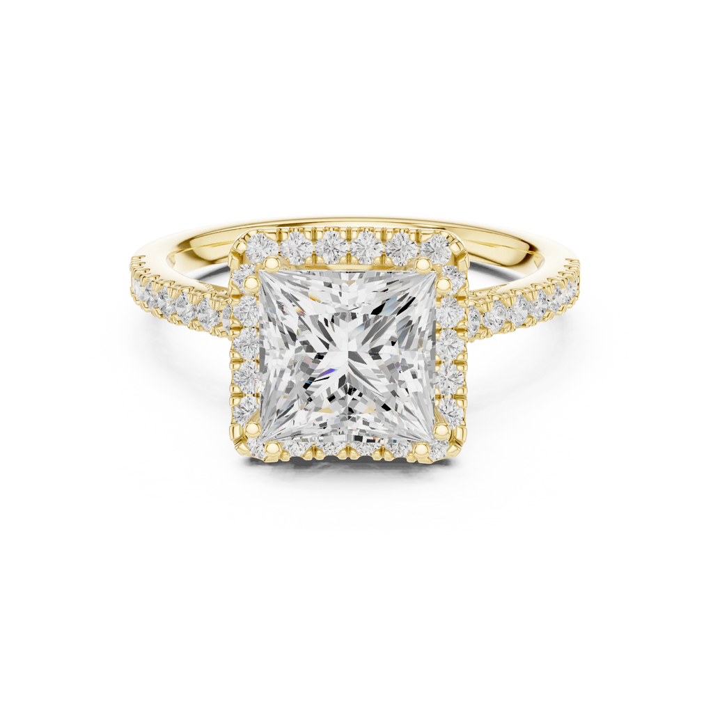 2.50 CTW Classic Pavé Halo Princess Cut Moissanite Engagement Diamond Ring with 14K White Gold