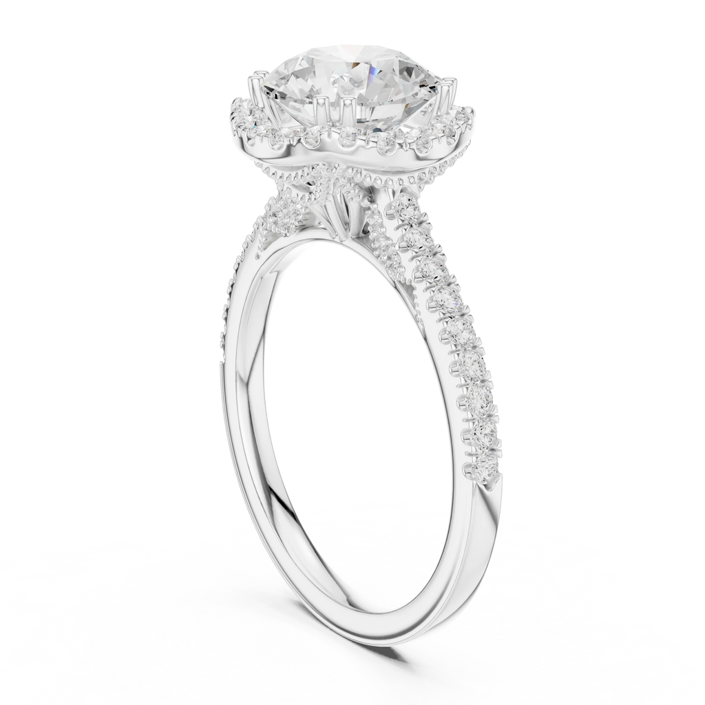 2.50 CTW Classic Pavé Halo Round Moissanite Engagement Diamond Ring with 14K White Gold