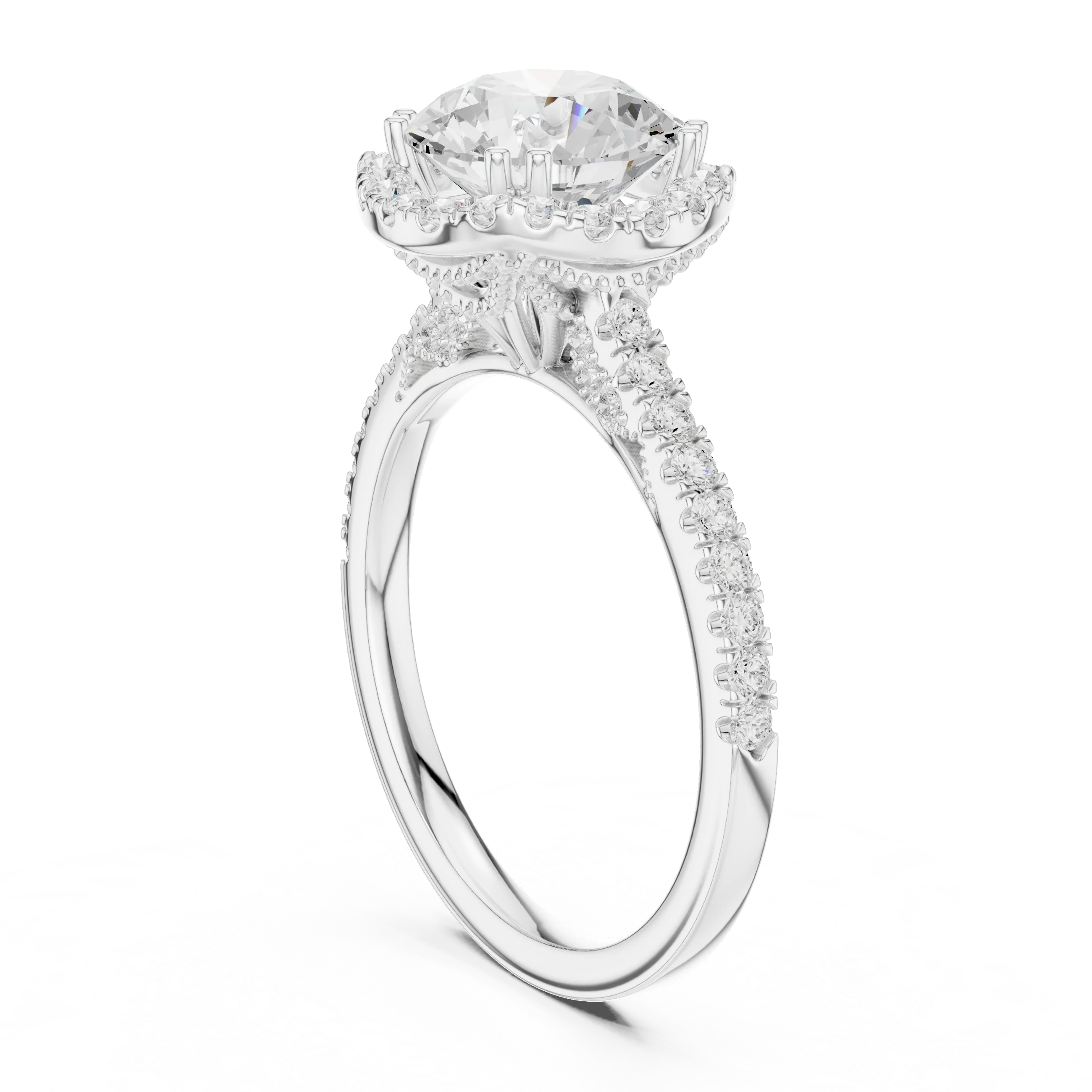 2.50 CTW Classic Pavé Halo Round Moissanite Engagement Diamond Ring with 14K White Gold