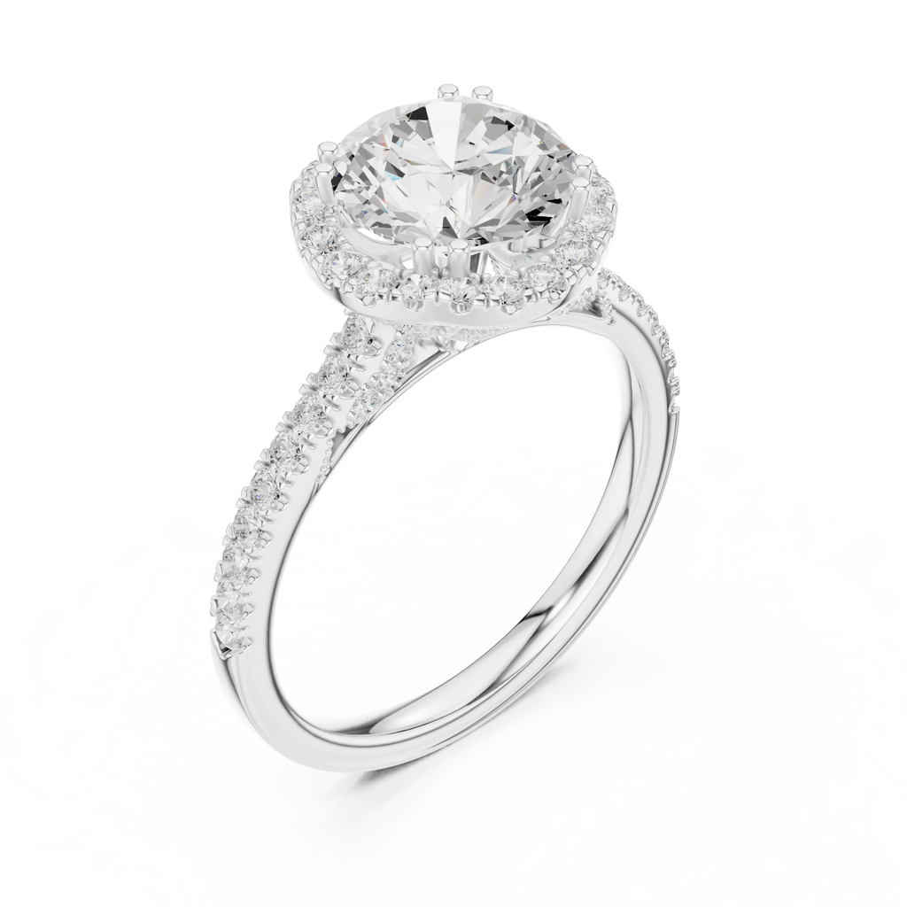 2.50 CTW Classic Pavé Halo Round Moissanite Engagement Diamond Ring with 14K White Gold