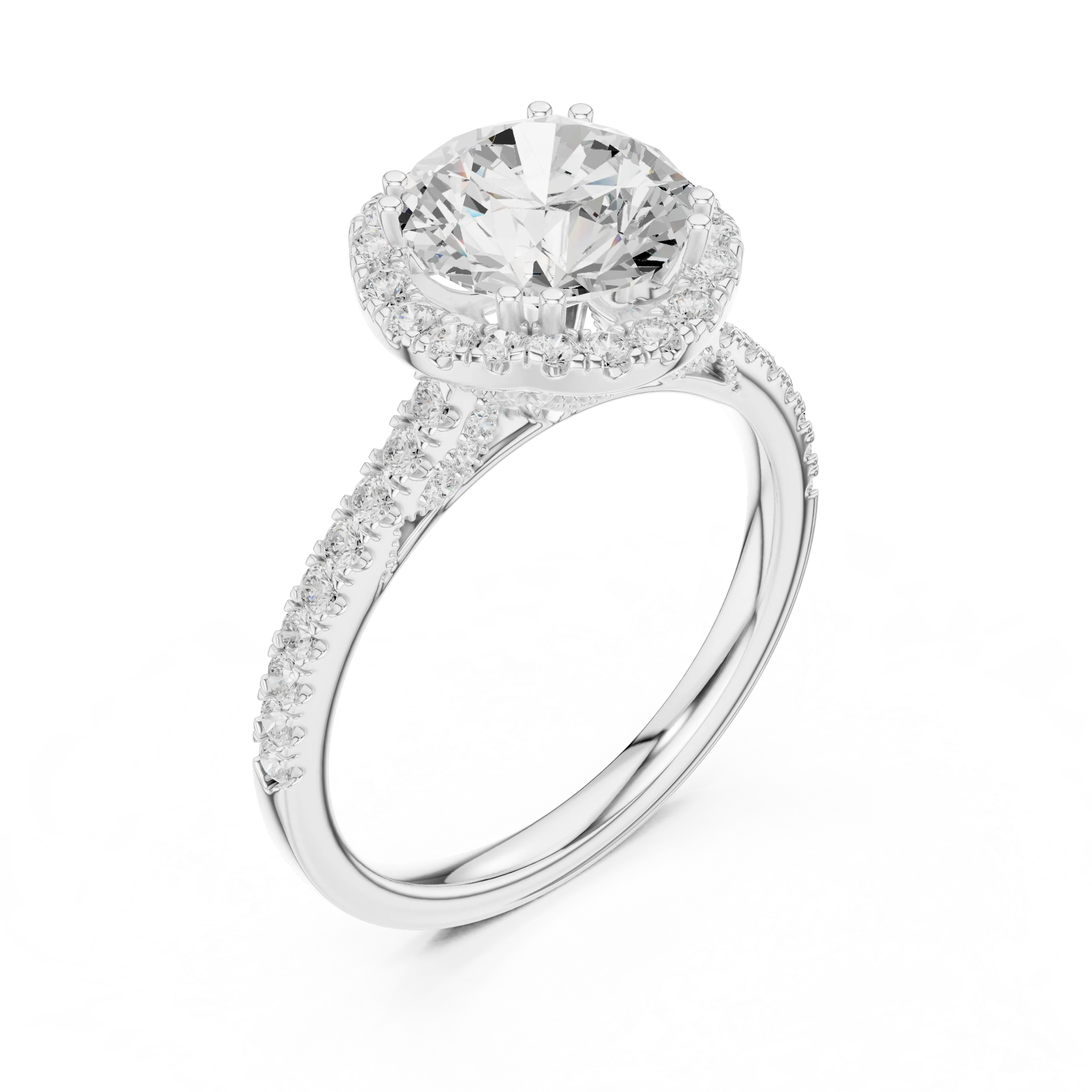 2.50 CTW Classic Pavé Halo Round Moissanite Engagement Diamond Ring with 14K White Gold