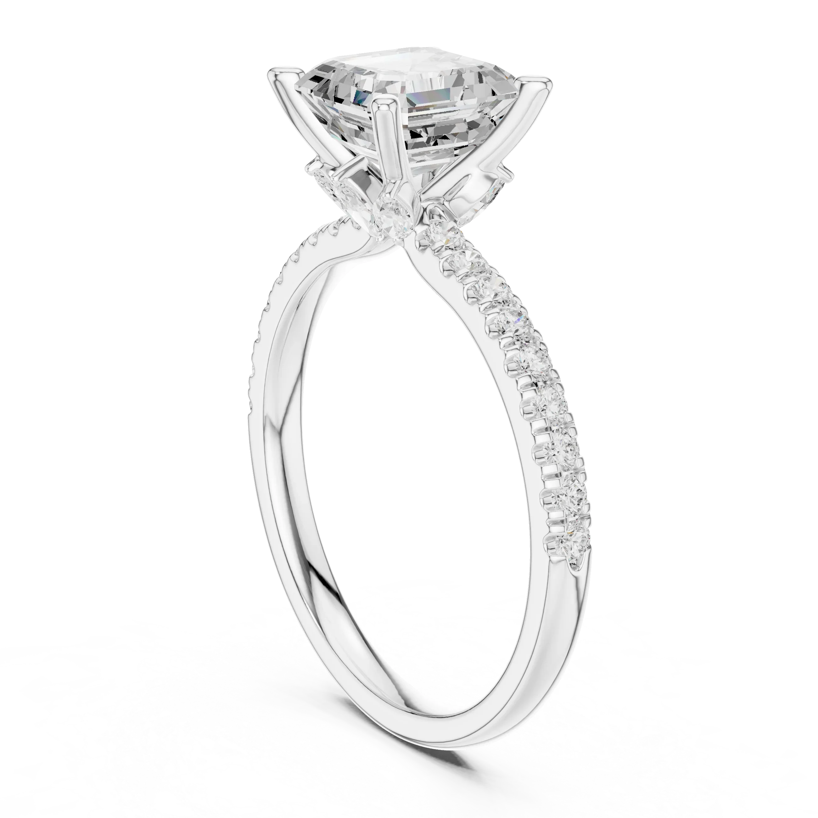 2.41 CT Asscher Cut Moissanite Petal Prong Pave Set 14K White Gold Engagement Ring
