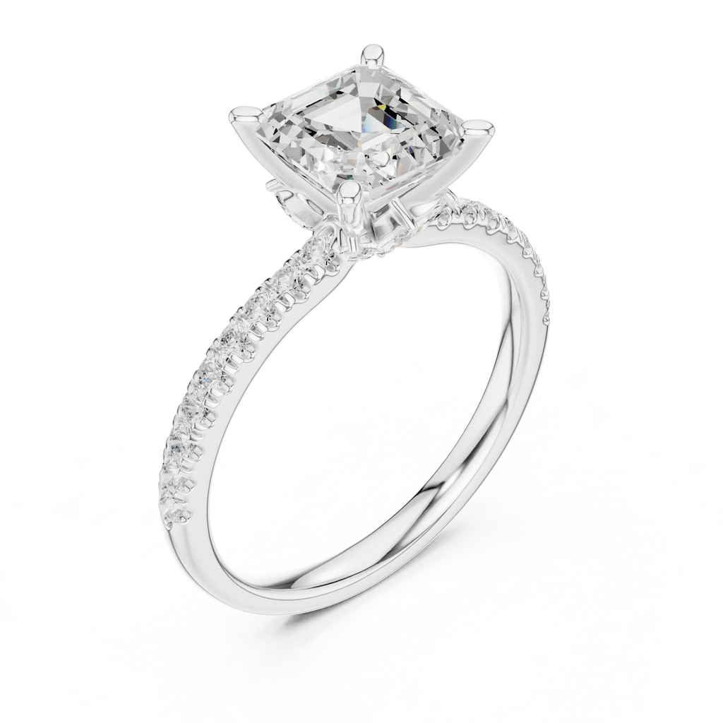 2.41 CT Asscher Cut Moissanite Petal Prong Pave Set 14K White Gold Engagement Ring
