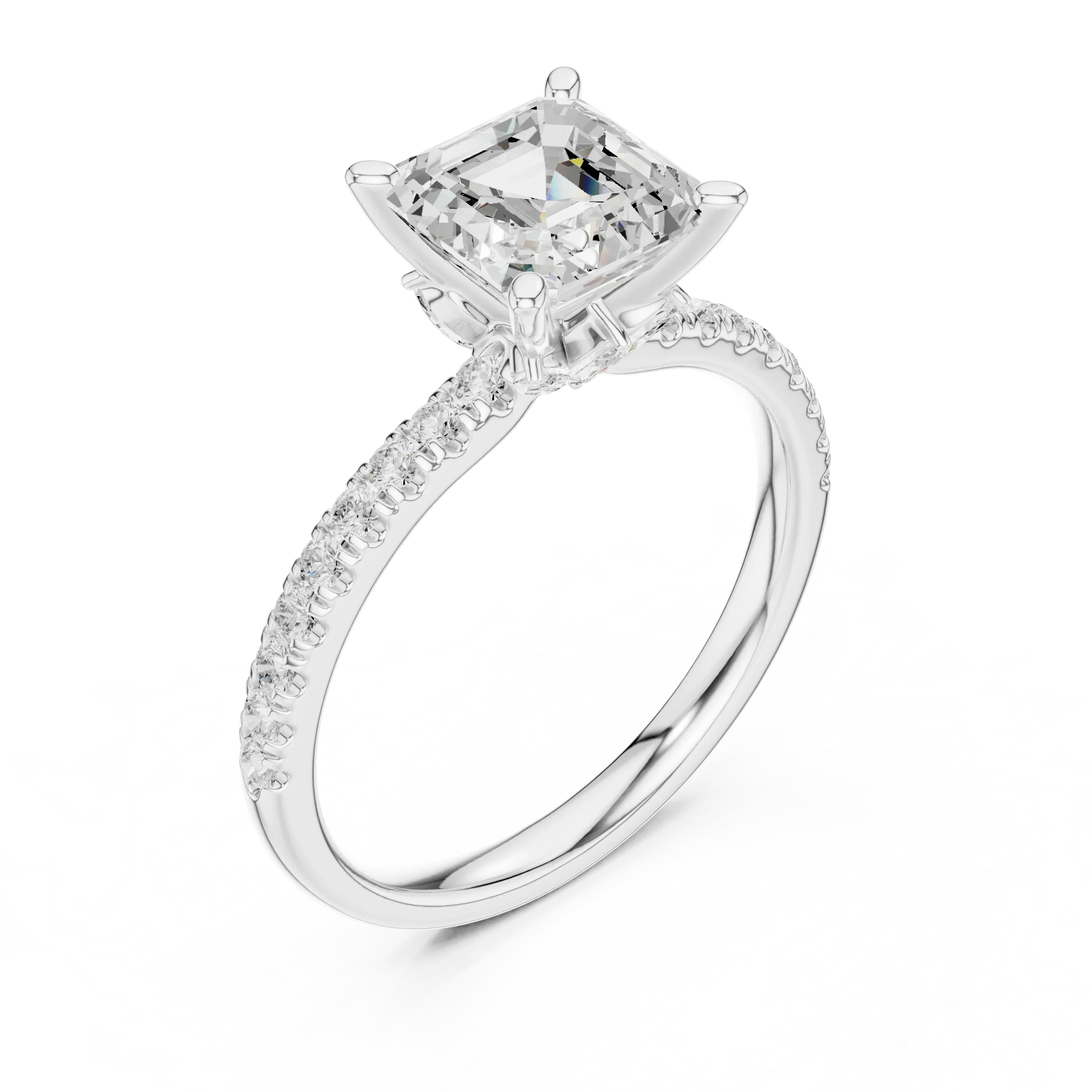 2.41 CT Asscher Cut Moissanite Petal Prong Pave Set 14K White Gold Engagement Ring