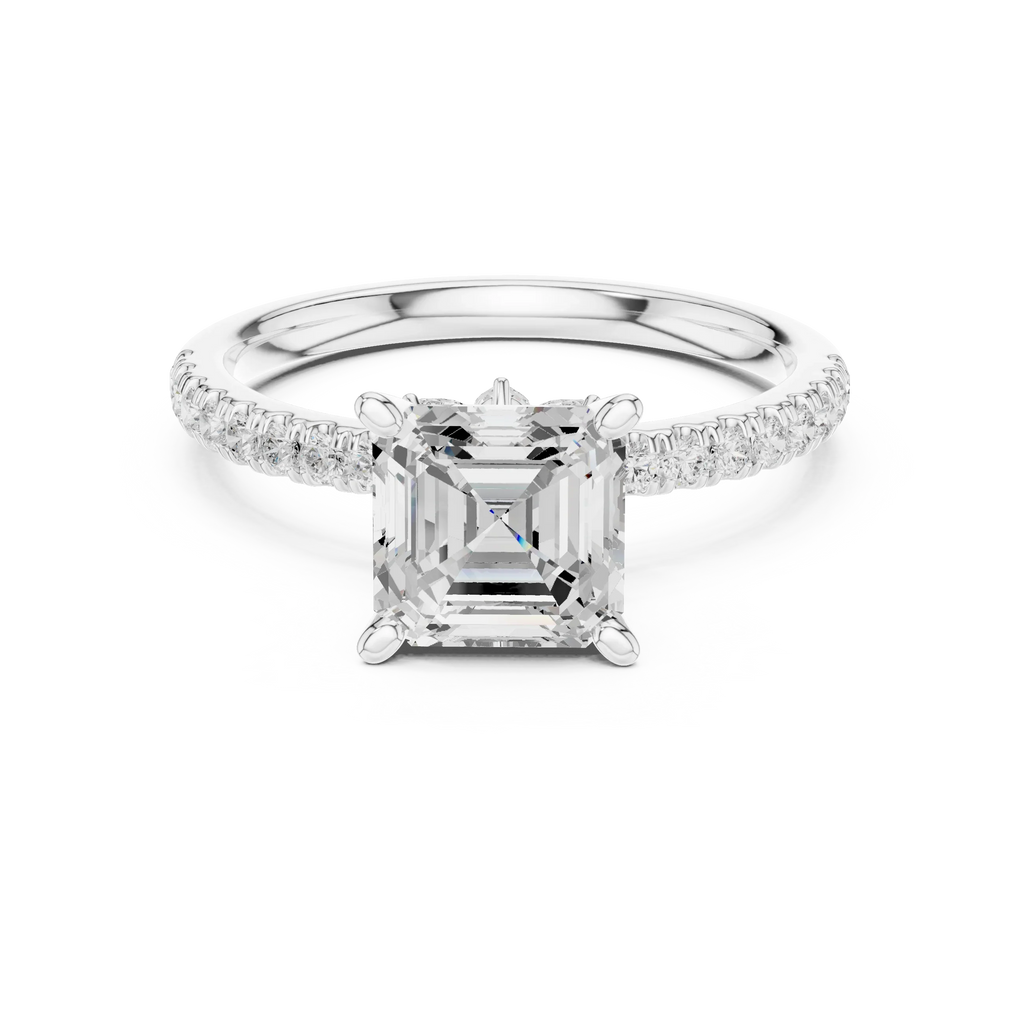 2.41 CT Asscher Cut Moissanite Petal Prong Pave Set 14K White Gold Engagement Ring