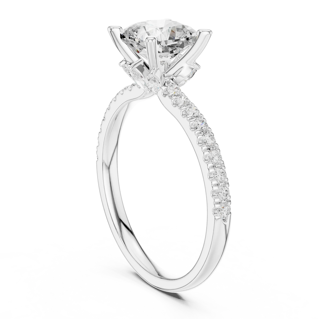 2.41 CT Cushion Cut Moissanite Petal Prong Pave Set 14K White Gold Engagement Ring