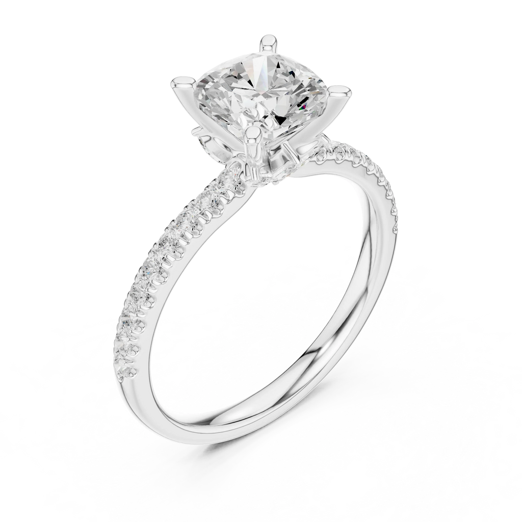 2.41 CT Cushion Cut Moissanite Petal Prong Pave Set 14K White Gold Engagement Ring