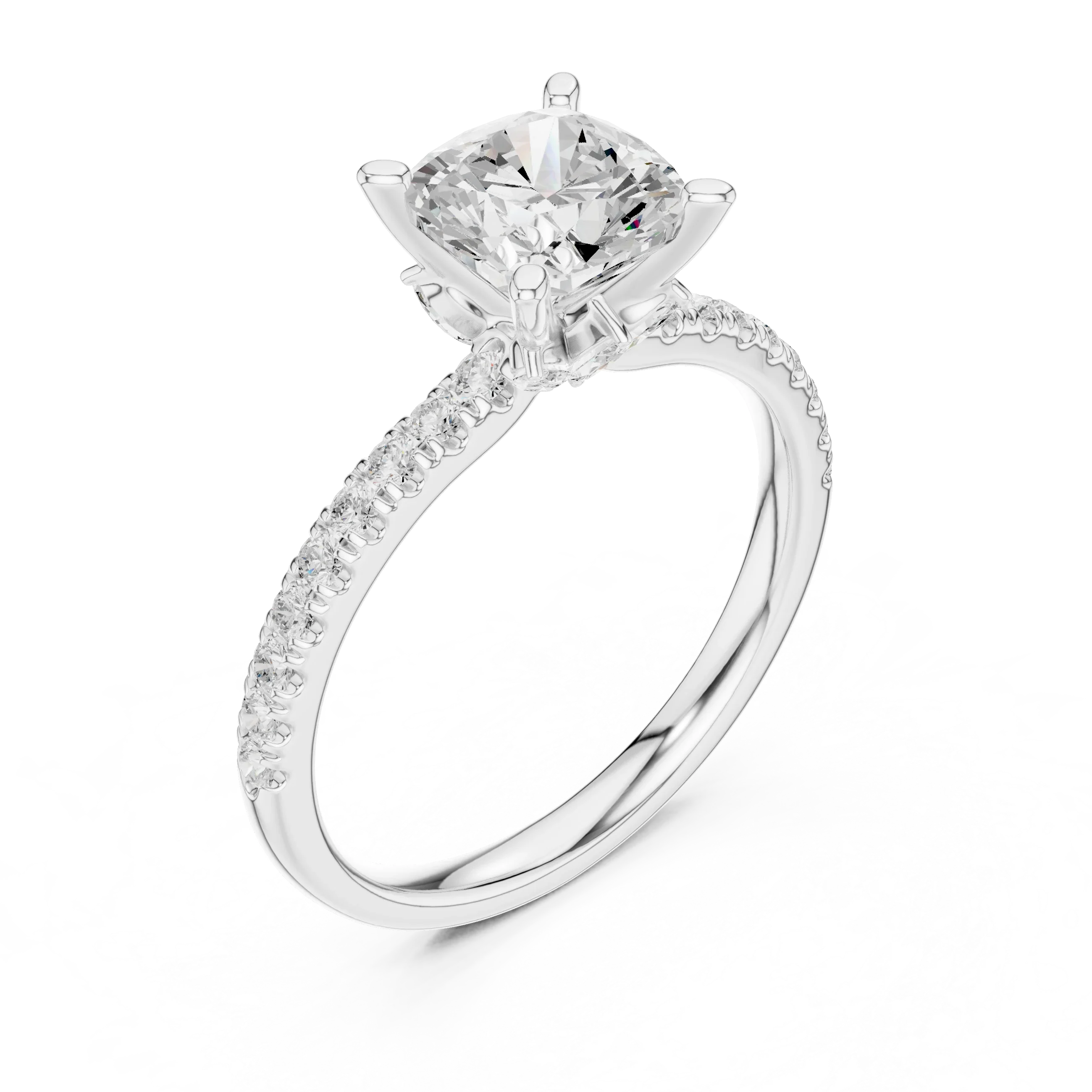 2.41 CT Cushion Cut Moissanite Petal Prong Pave Set 14K White Gold Engagement Ring