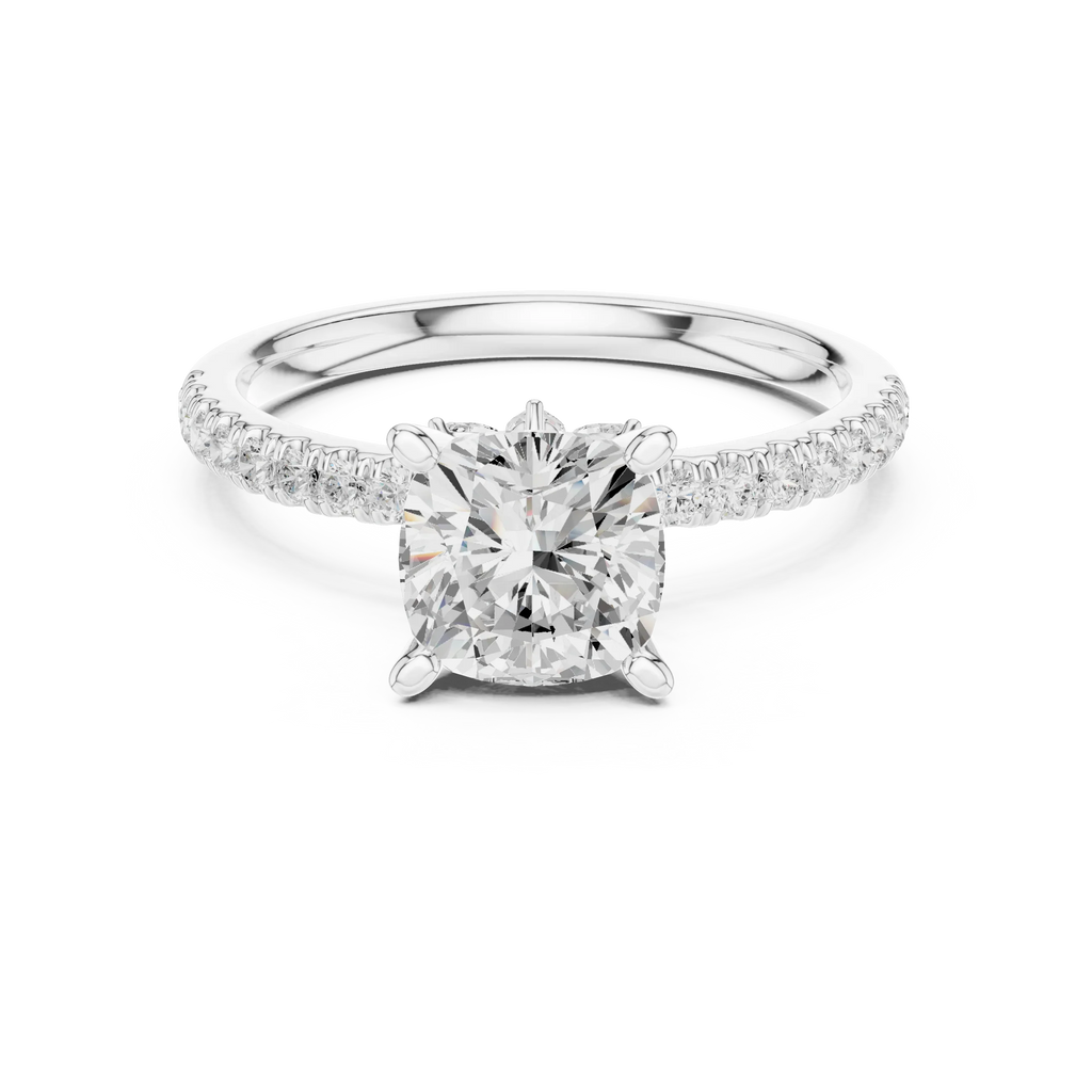 2.41 CT Cushion Cut Moissanite Petal Prong Pave Set 14K White Gold Engagement Ring