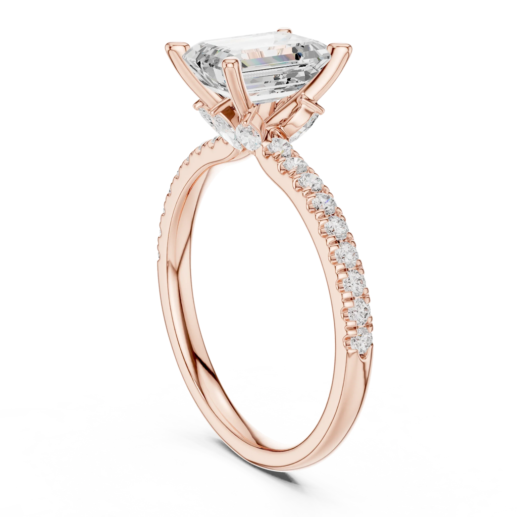 2.41 CT Emerald Cut Moissanite Petal Prong Pave Set 14K White Gold Engagement Ring