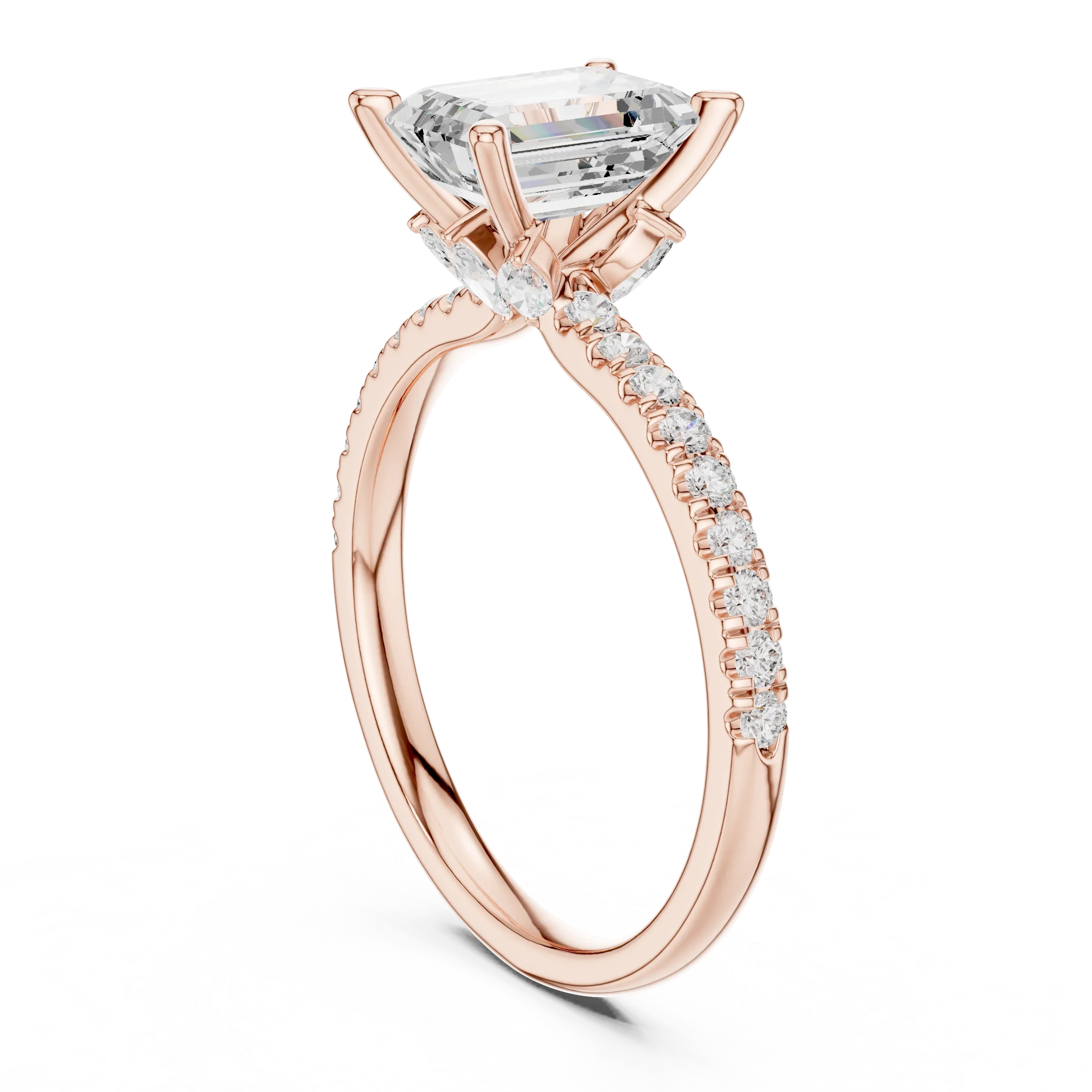 2.41 CT Emerald Cut Moissanite Petal Prong Pave Set 14K White Gold Engagement Ring