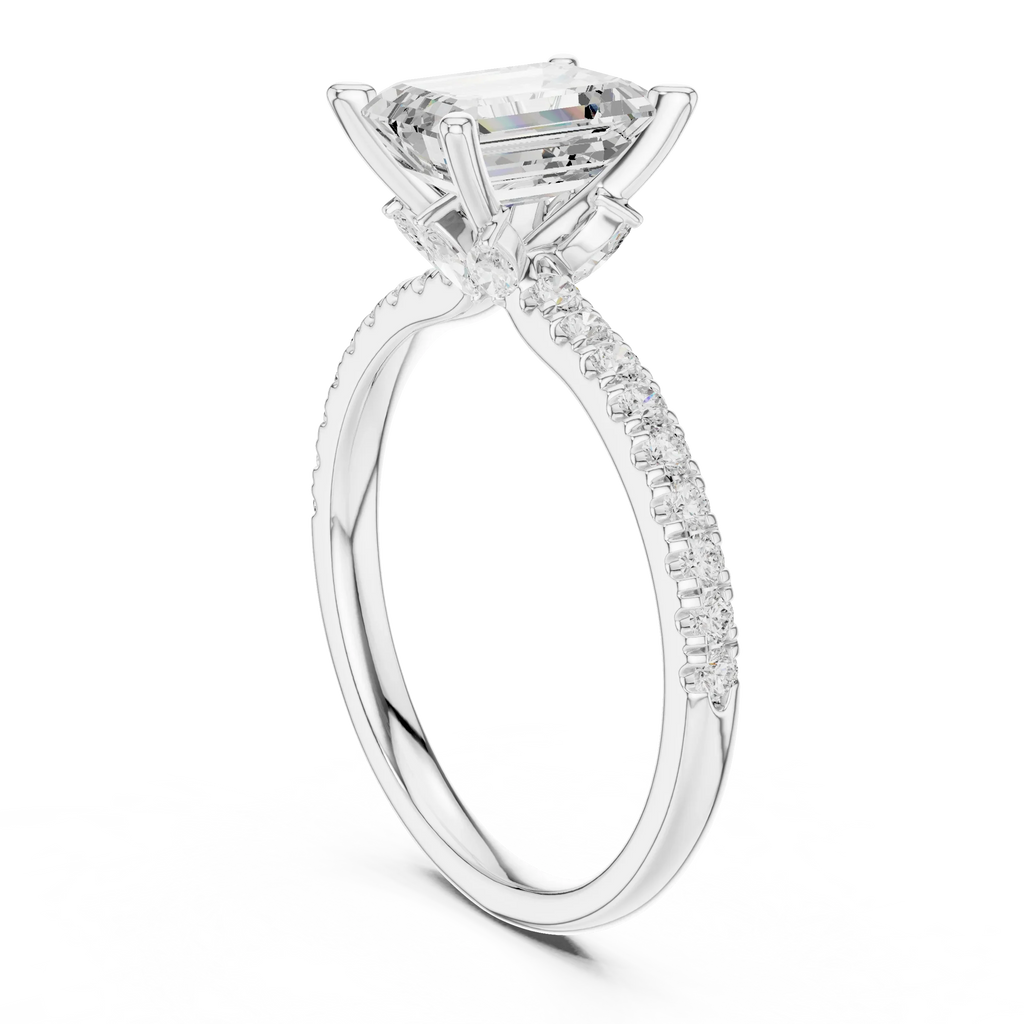 2.41 CT Emerald Cut Moissanite Petal Prong Pave Set 14K White Gold Engagement Ring