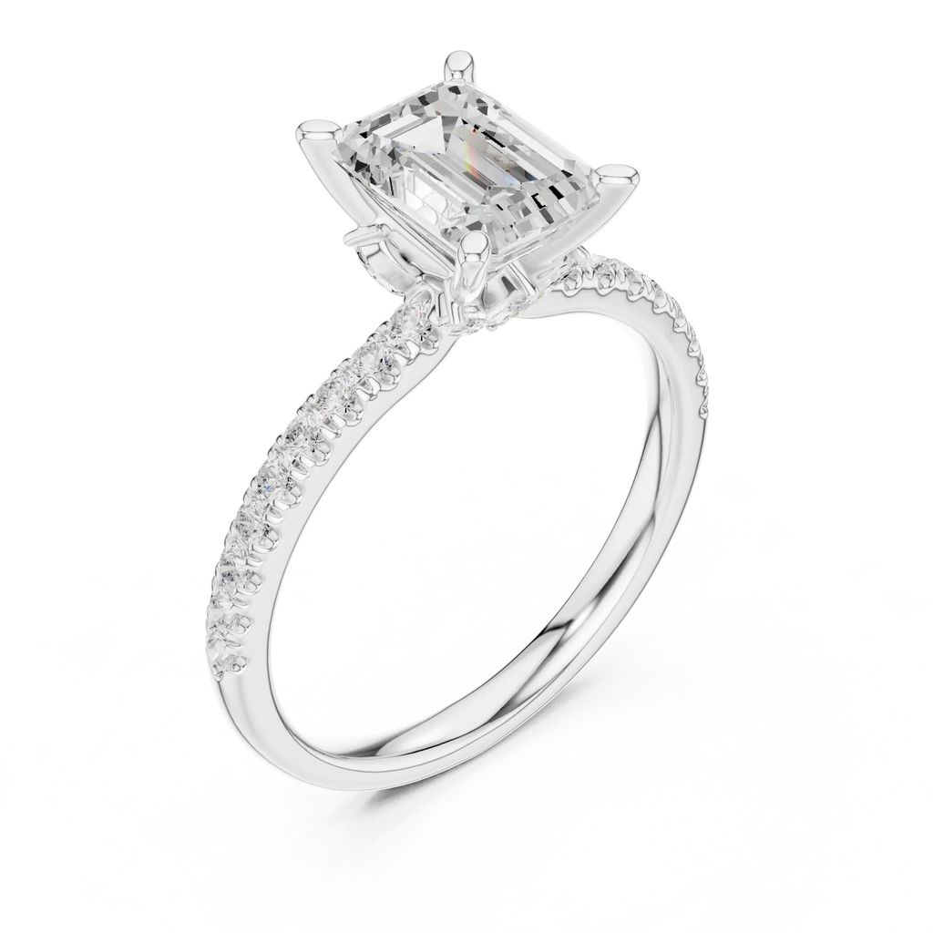 2.41 CT Emerald Cut Moissanite Petal Prong Pave Set 14K White Gold Engagement Ring