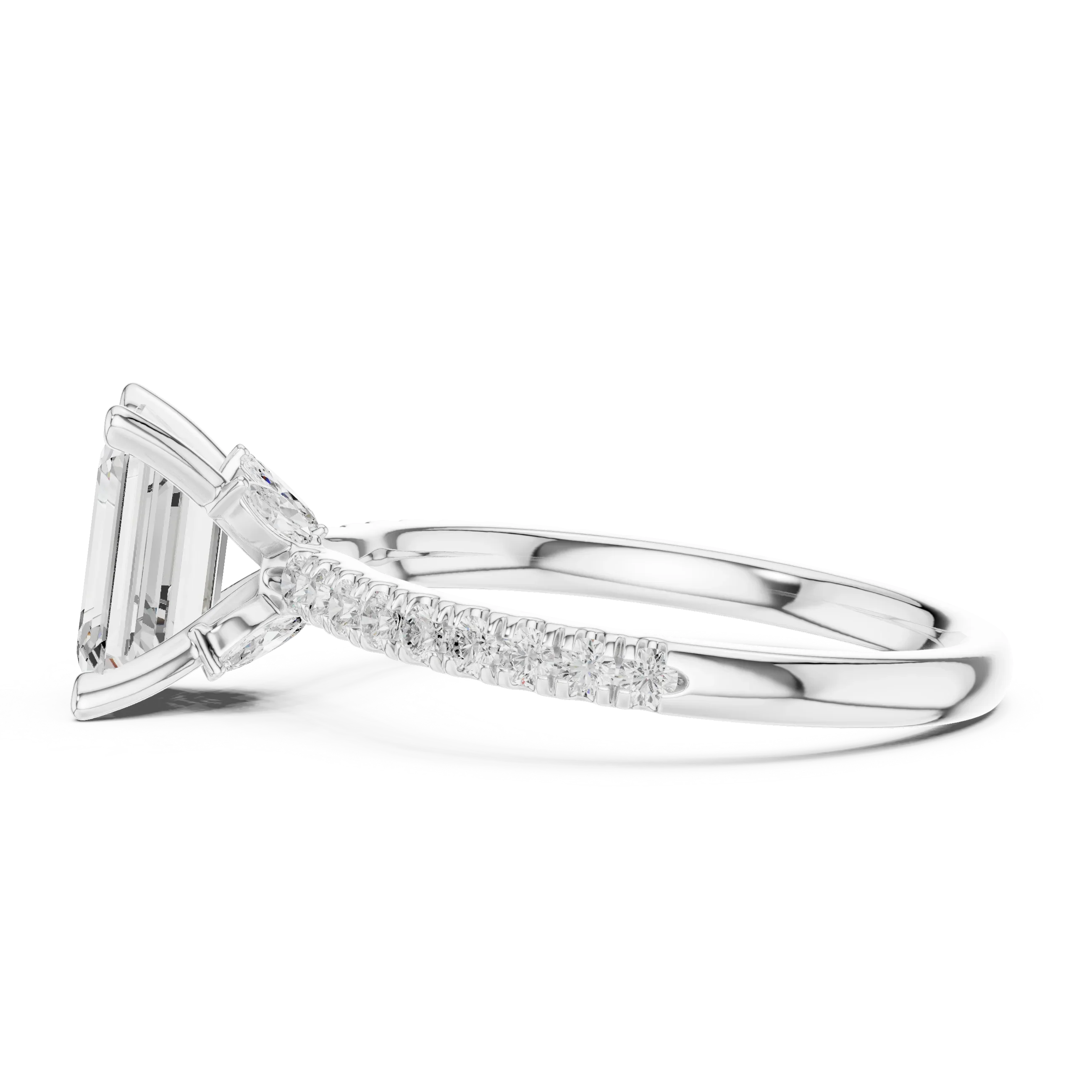 2.41 CT Emerald Cut Moissanite Petal Prong Pave Set 14K White Gold Engagement Ring