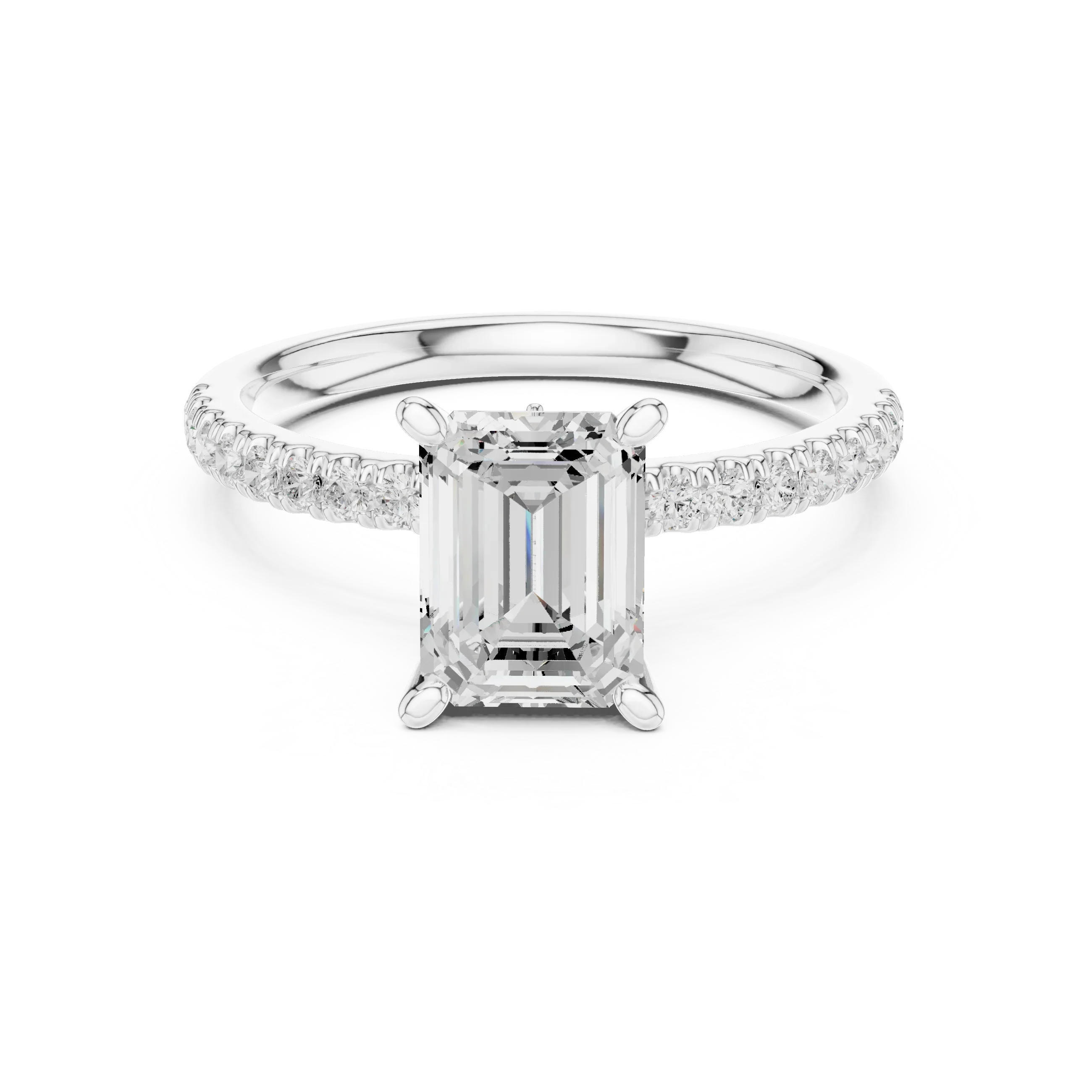 2.41 CT Emerald Cut Moissanite Petal Prong Pave Set 14K White Gold Engagement Ring