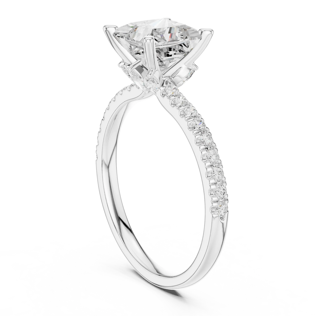 2.41 CT Princess Cut Moissanite Petal Prong Pave Set 14K White Gold Engagement Ring