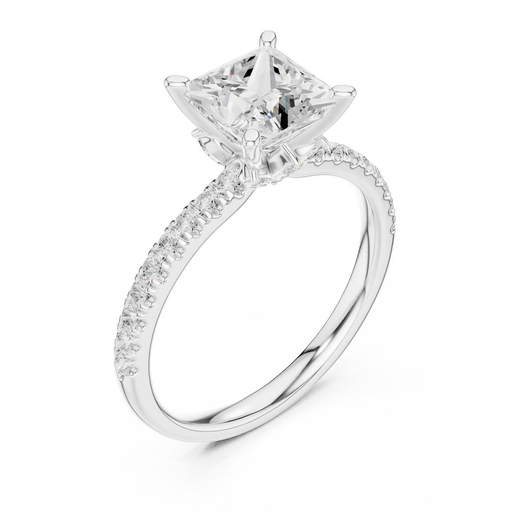 2.41 CT Princess Cut Moissanite Petal Prong Pave Set 14K White Gold Engagement Ring
