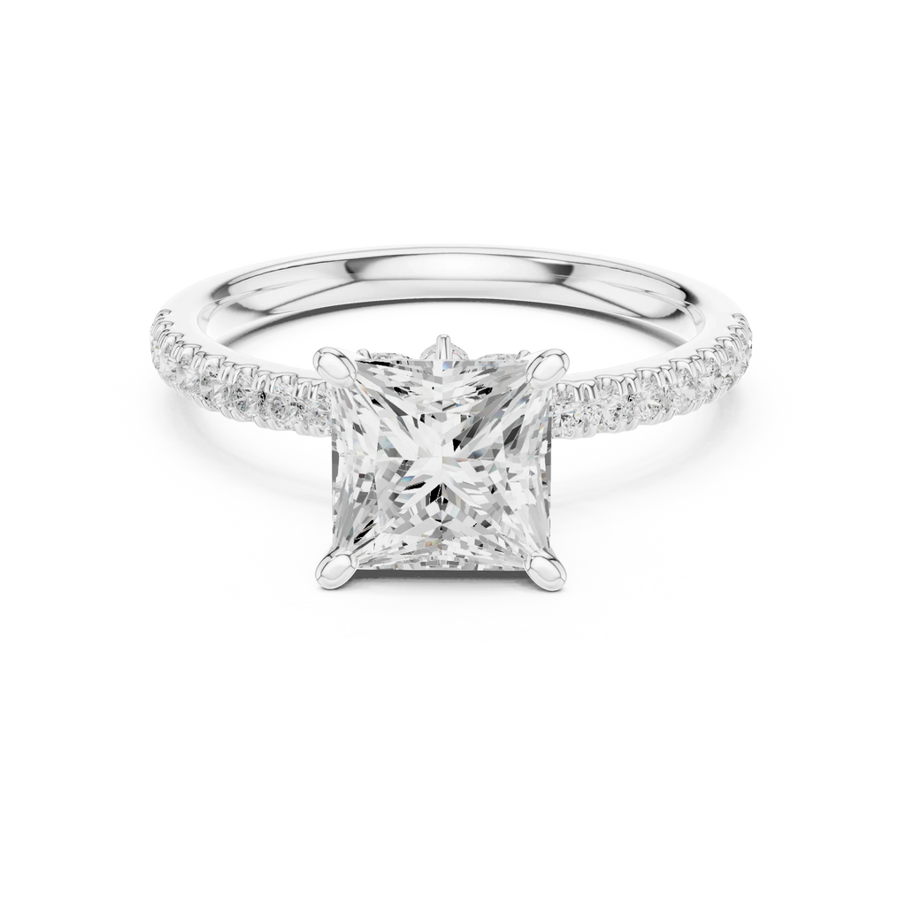 2.41 CT Princess Cut Moissanite Petal Prong Pave Set 14K White Gold Engagement Ring