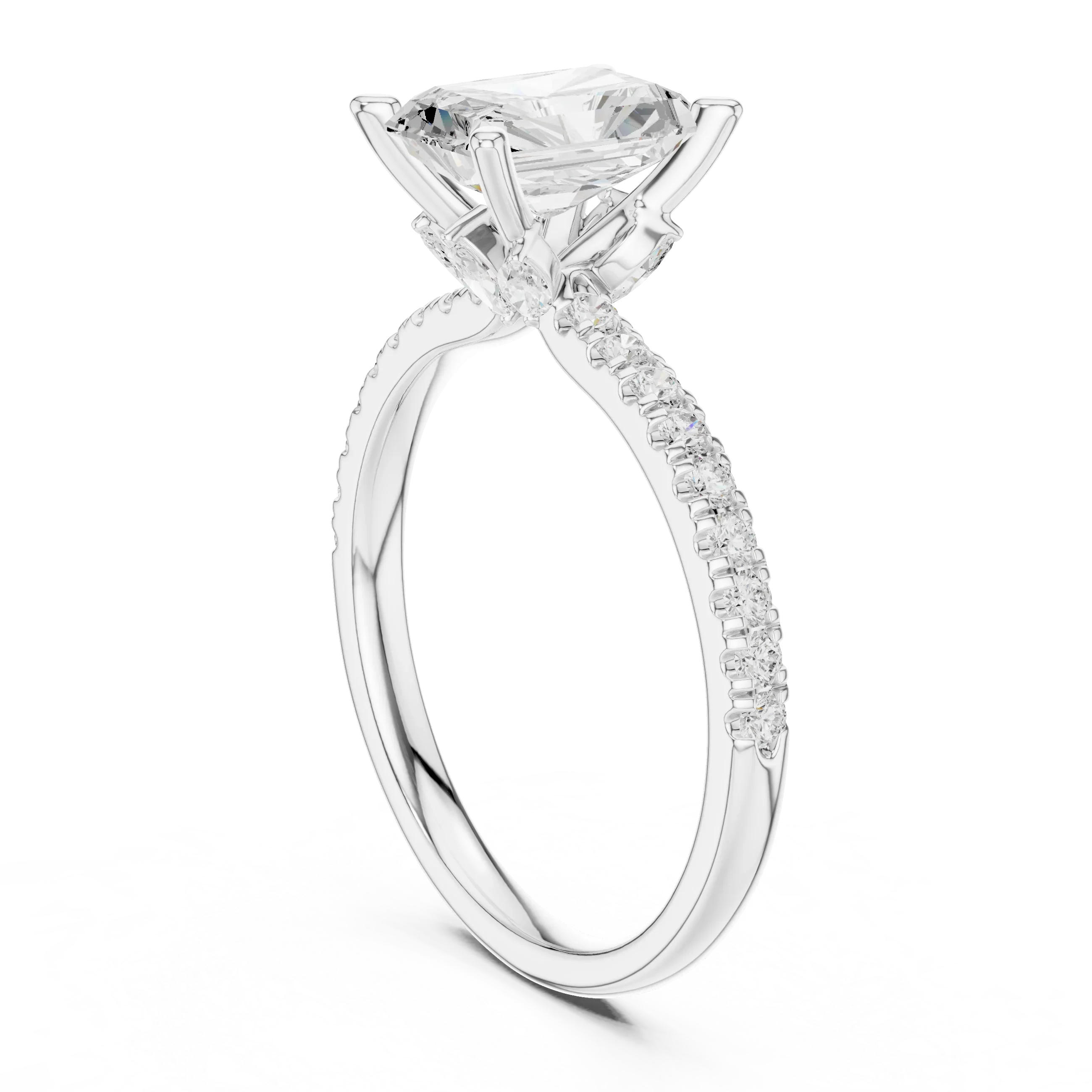 2.41 CT Radiant Cut Moissanite Petal Prong Pave Set 14K White Gold Engagement Ring