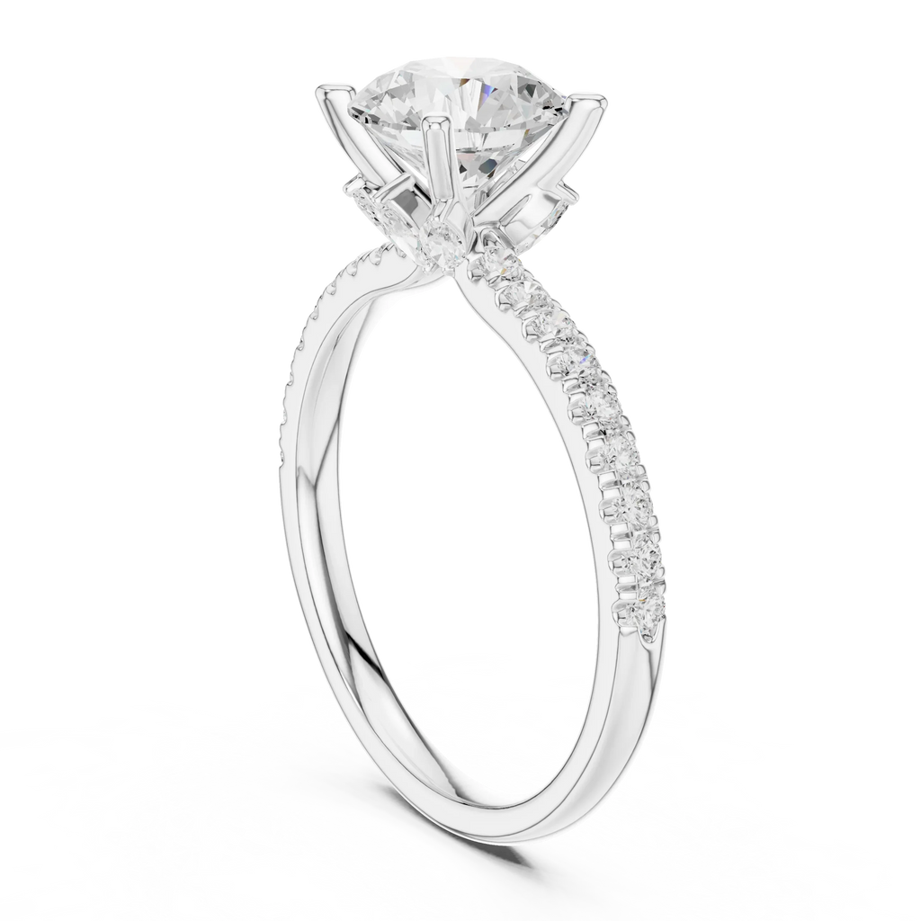 2.41 CT Round Cut Moissanite Petal Prong Pave Set 14K White Gold Engagement Ring