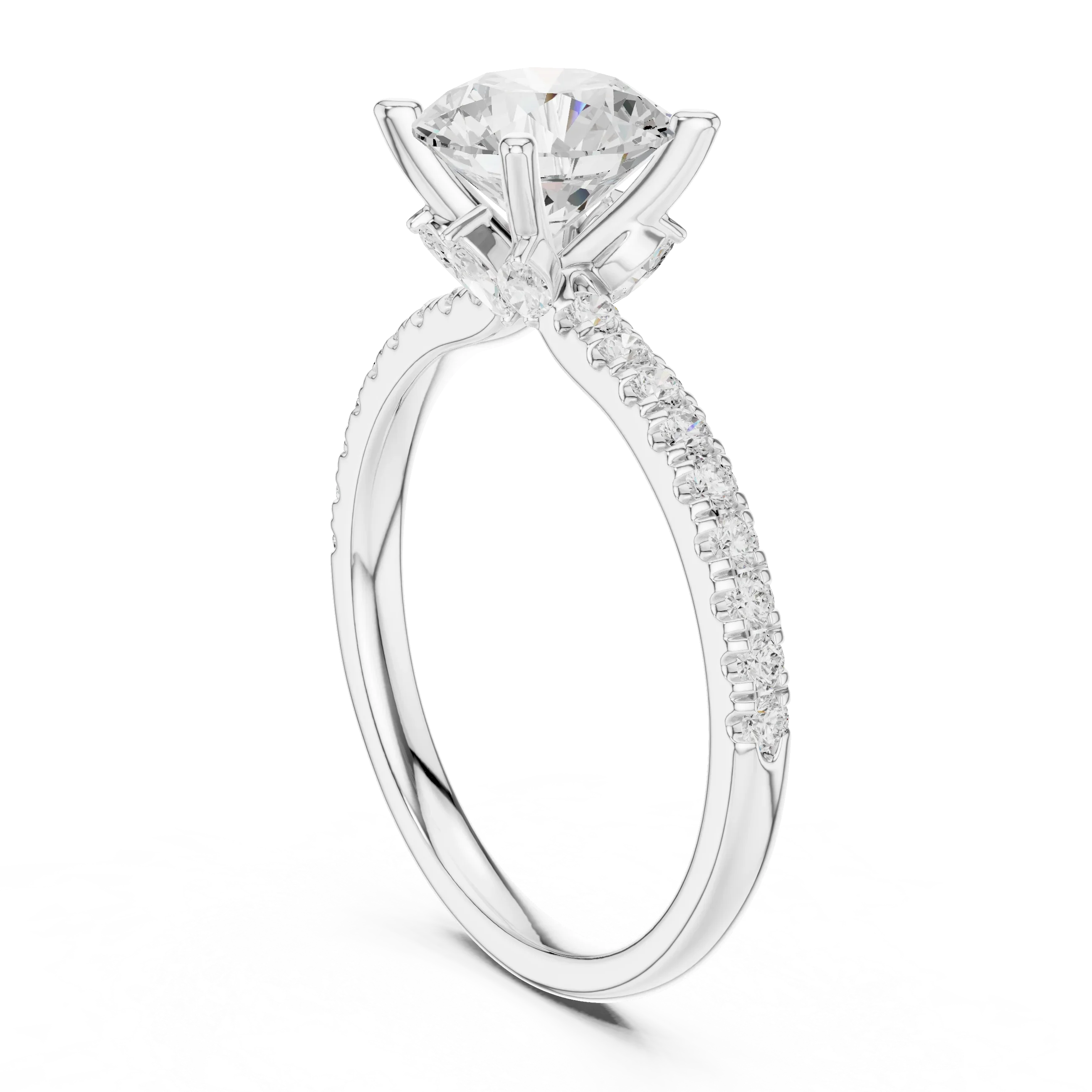 2.41 CT Round Cut Moissanite Petal Prong Pave Set 14K White Gold Engagement Ring