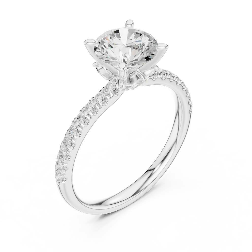 2.41 CT Round Cut Moissanite Petal Prong Pave Set 14K White Gold Engagement Ring