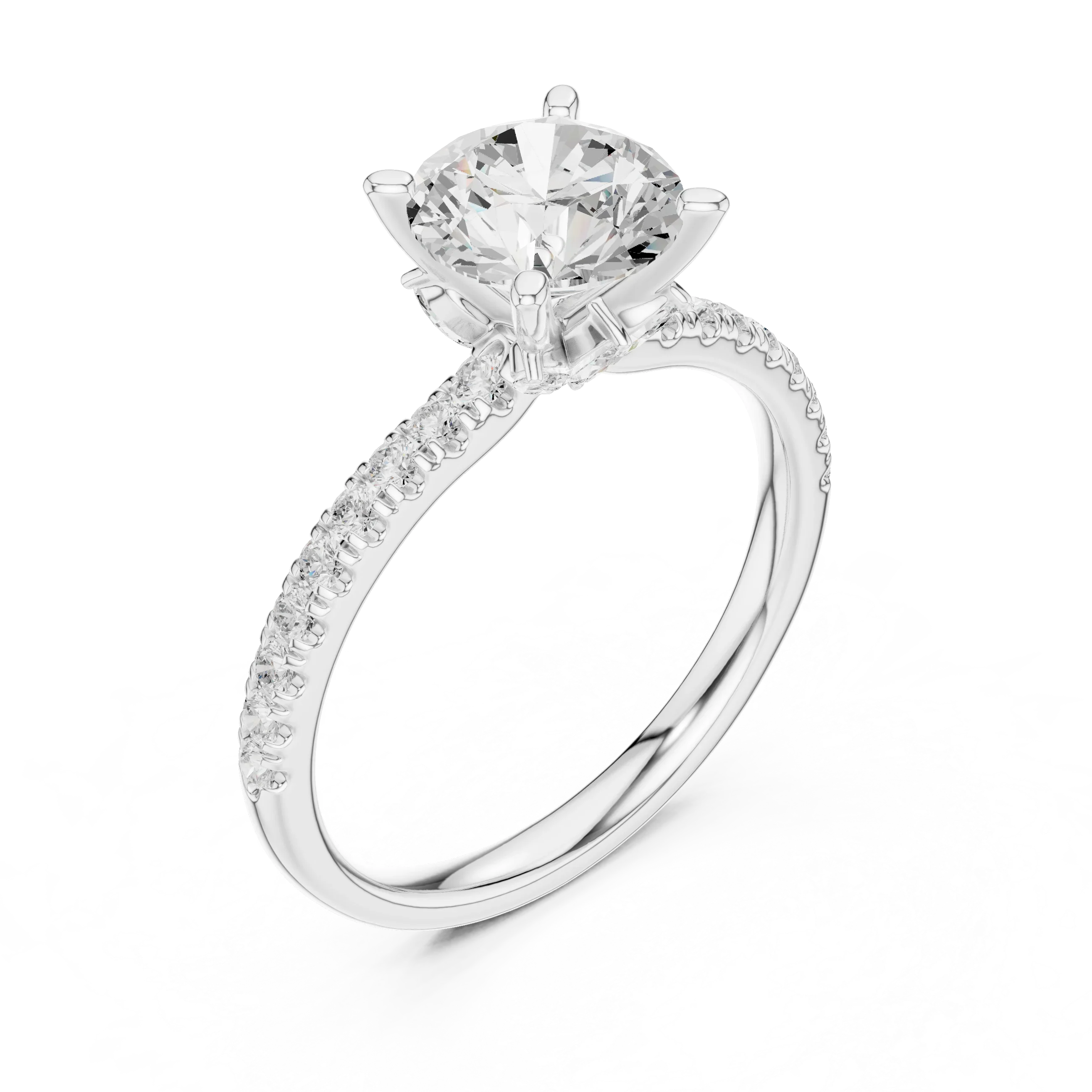 2.41 CT Round Cut Moissanite Petal Prong Pave Set 14K White Gold Engagement Ring