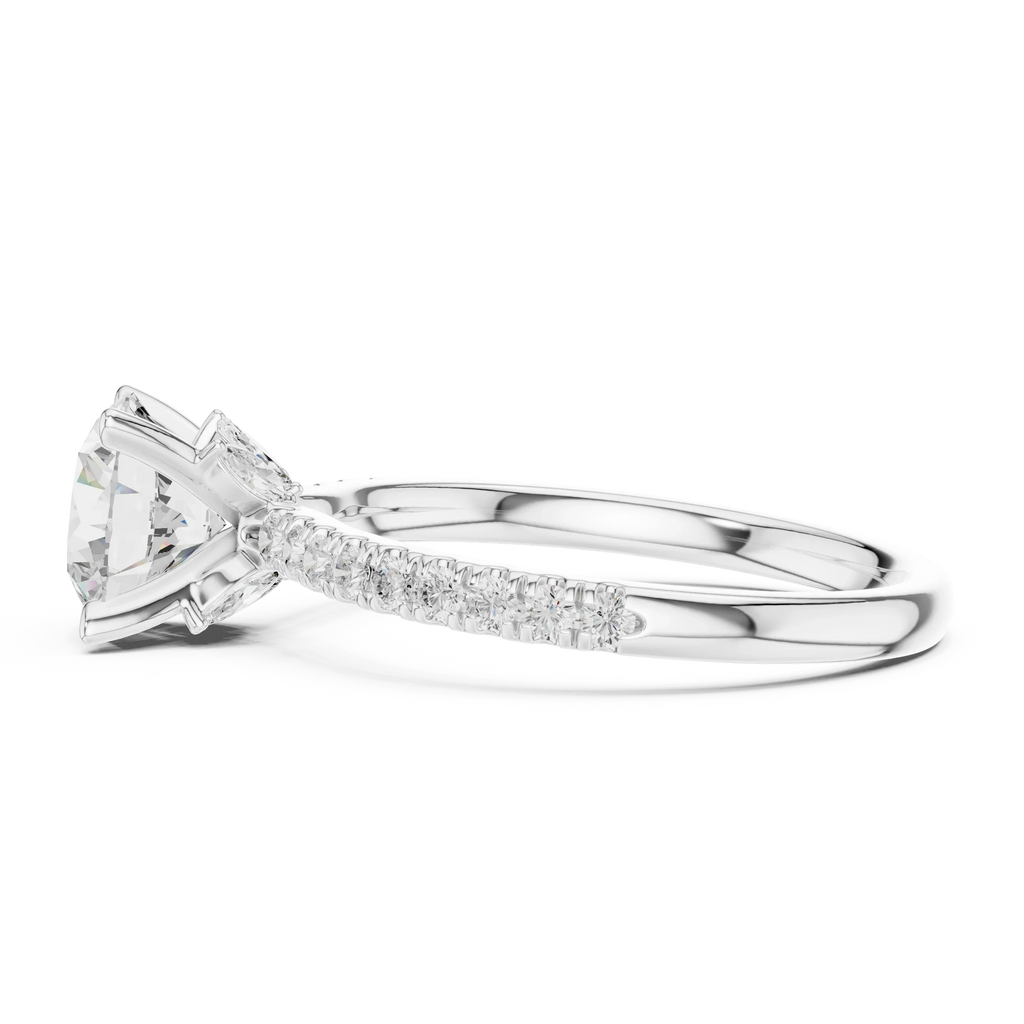 2.41 CT Round Cut Moissanite Petal Prong Pave Set 14K White Gold Engagement Ring