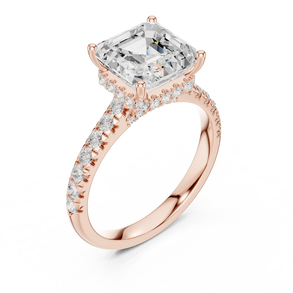 3.67 CTW Asscher Moissanite Cathedral Engagement Diamond Ring with Slim Micropavé Band in 18K White Gold