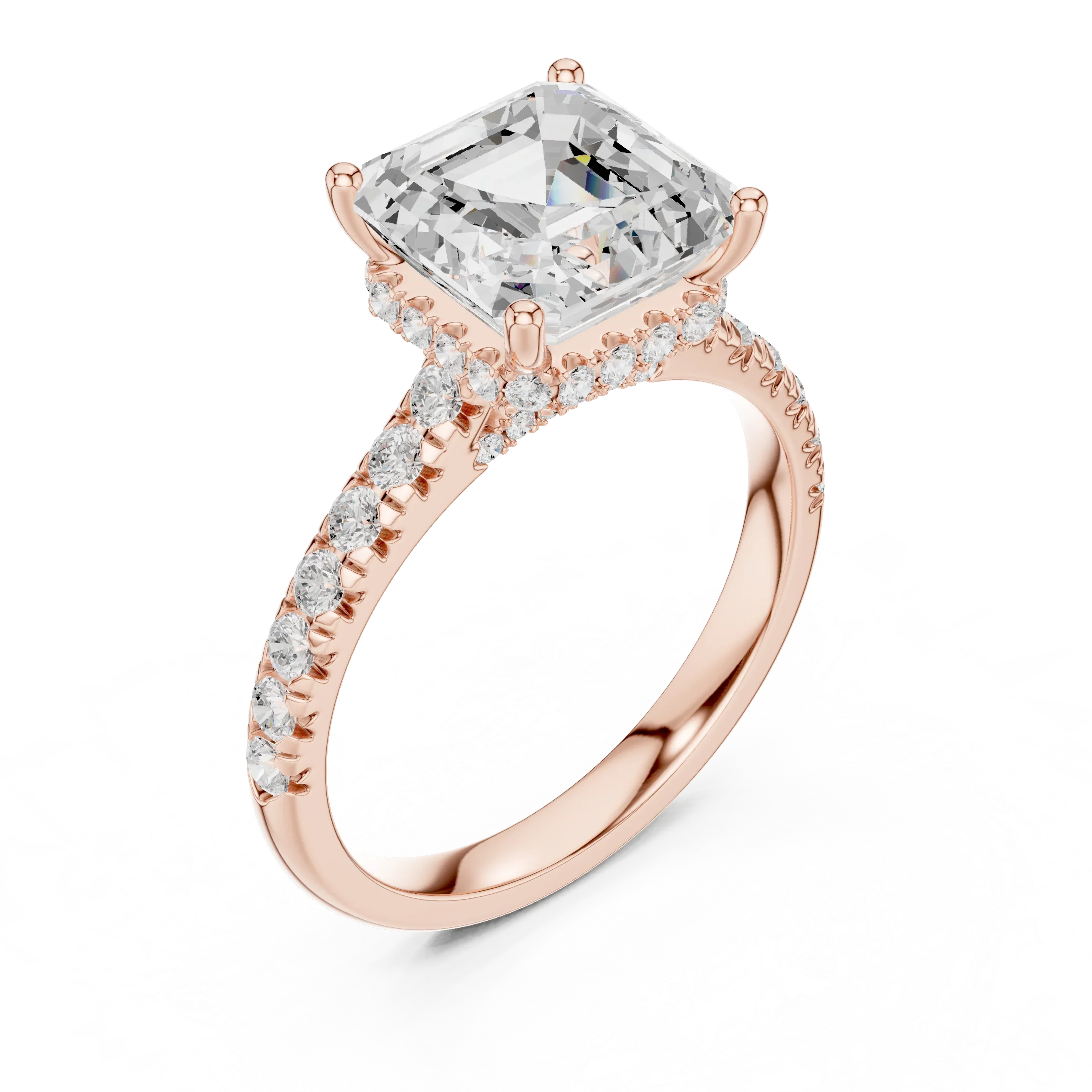 3.67 CTW Asscher Moissanite Cathedral Engagement Diamond Ring with Slim Micropavé Band in 18K White Gold