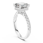 3.67 CTW Asscher Moissanite Cathedral Engagement Diamond Ring with Slim Micropavé Band in 18K White Gold