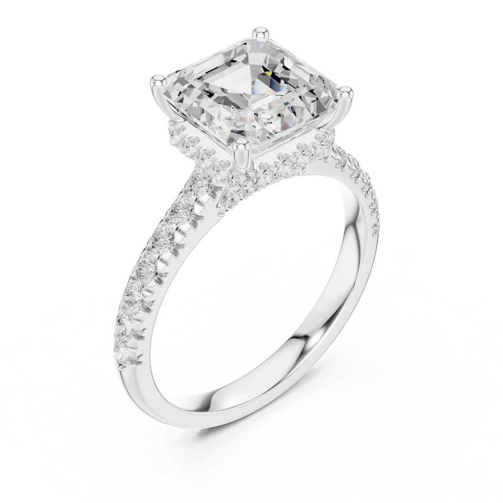3.67 CTW Asscher Moissanite Cathedral Engagement Diamond Ring with Slim Micropavé Band in 18K White Gold