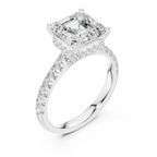 3.67 CTW Asscher Moissanite Cathedral Engagement Diamond Ring with Slim Micropavé Band in 18K White Gold