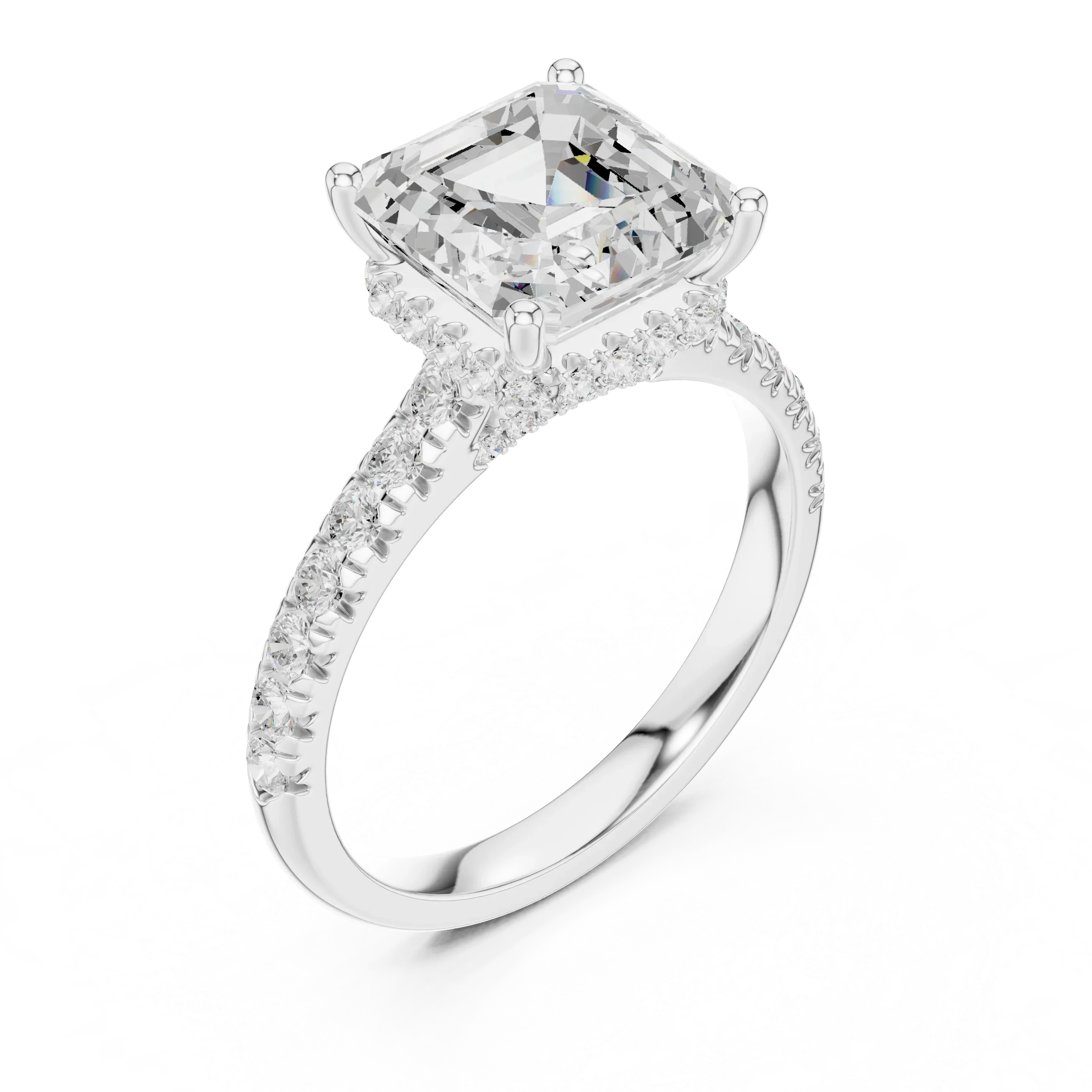 3.67 CTW Asscher Moissanite Cathedral Engagement Diamond Ring with Slim Micropavé Band in 18K White Gold