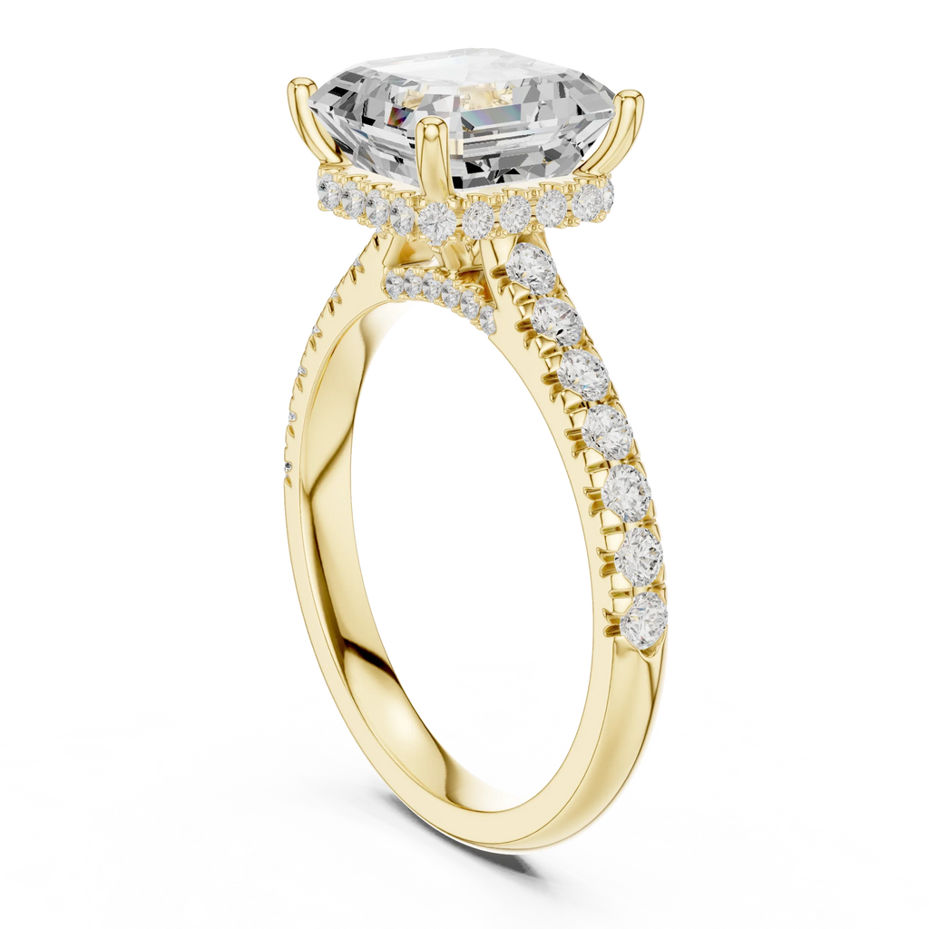 3.67 CTW Asscher Moissanite Cathedral Engagement Diamond Ring with Slim Micropavé Band in 18K White Gold