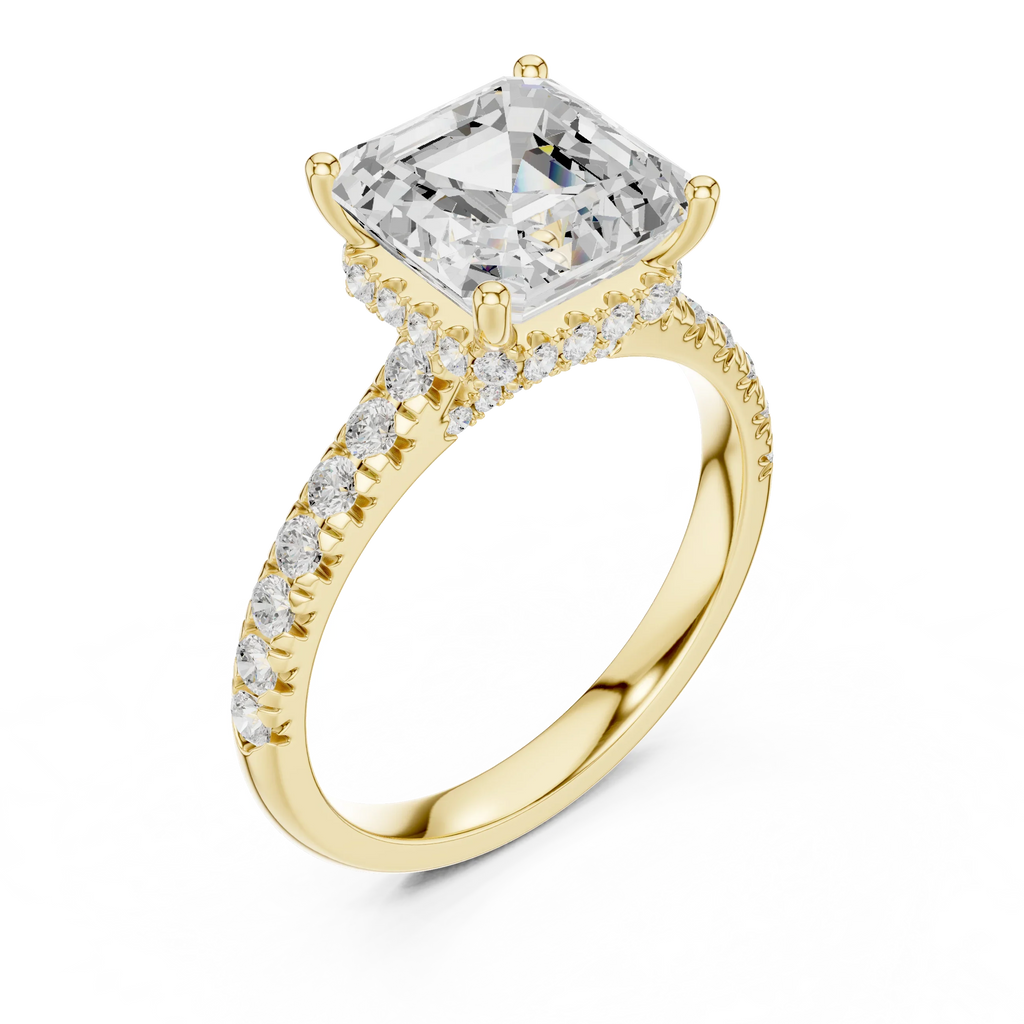 3.67 CTW Asscher Moissanite Cathedral Engagement Diamond Ring with Slim Micropavé Band in 18K White Gold