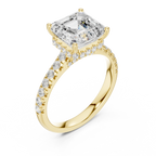3.67 CTW Asscher Moissanite Cathedral Engagement Diamond Ring with Slim Micropavé Band in 18K White Gold