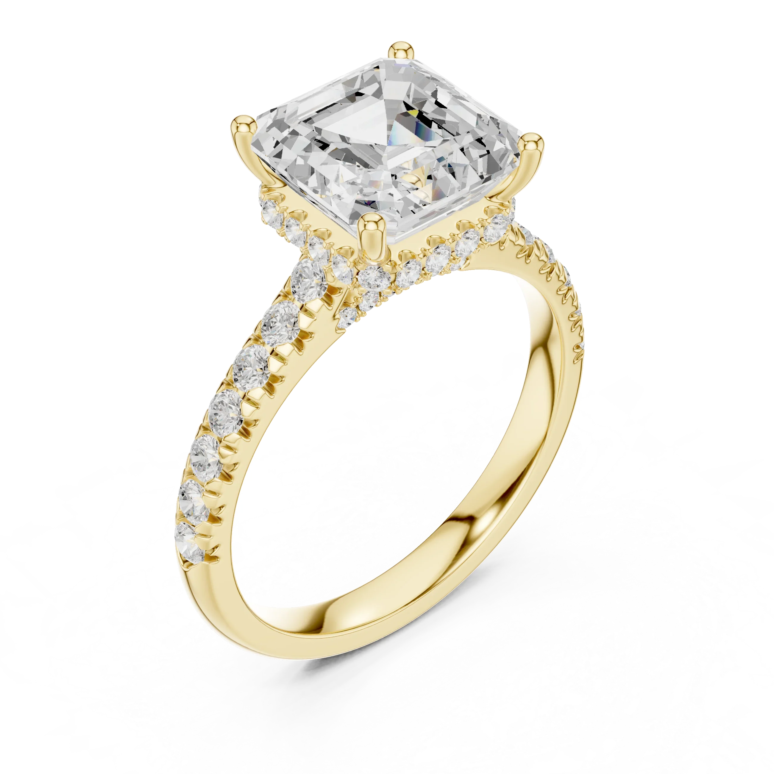 3.67 CTW Asscher Moissanite Cathedral Engagement Diamond Ring with Slim Micropavé Band in 18K White Gold