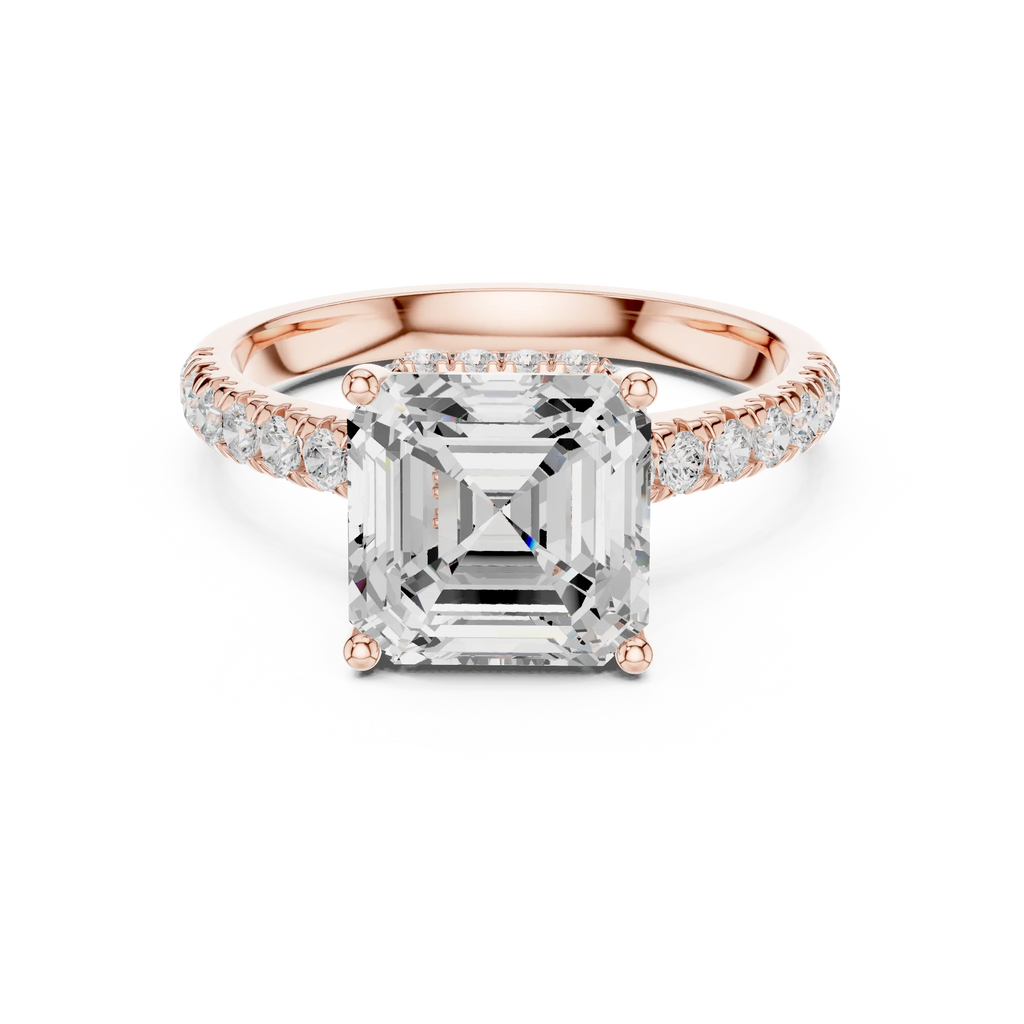 3.67 CTW Asscher Moissanite Cathedral Engagement Diamond Ring with Slim Micropavé Band in 18K White Gold