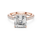 3.67 CTW Asscher Moissanite Cathedral Engagement Diamond Ring with Slim Micropavé Band in 18K White Gold