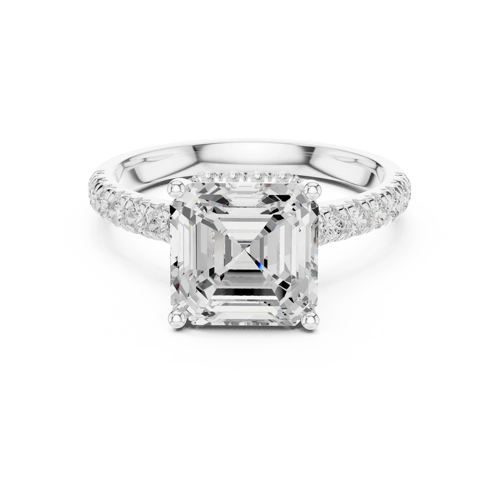 3.67 CTW Asscher Moissanite Cathedral Engagement Diamond Ring with Slim Micropavé Band in 18K White Gold