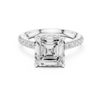 3.67 CTW Asscher Moissanite Cathedral Engagement Diamond Ring with Slim Micropavé Band in 18K White Gold