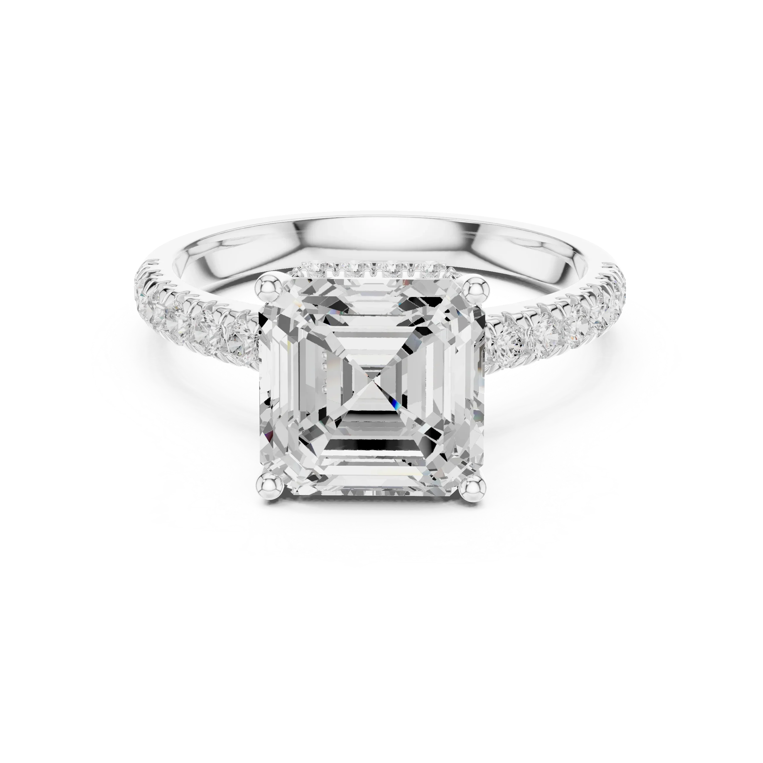 3.67 CTW Asscher Moissanite Cathedral Engagement Diamond Ring with Slim Micropavé Band in 18K White Gold