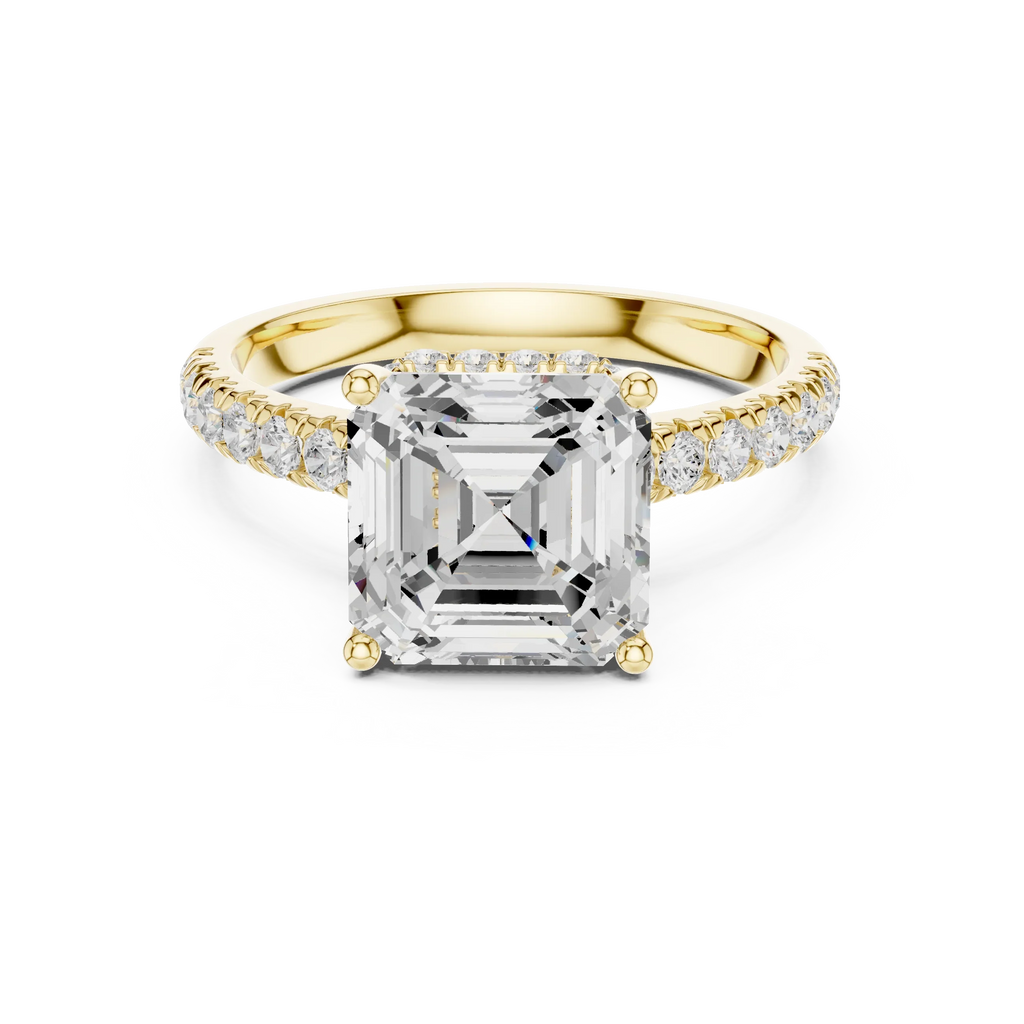3.67 CTW Asscher Moissanite Cathedral Engagement Diamond Ring with Slim Micropavé Band in 18K White Gold