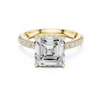 3.67 CTW Asscher Moissanite Cathedral Engagement Diamond Ring with Slim Micropavé Band in 18K White Gold