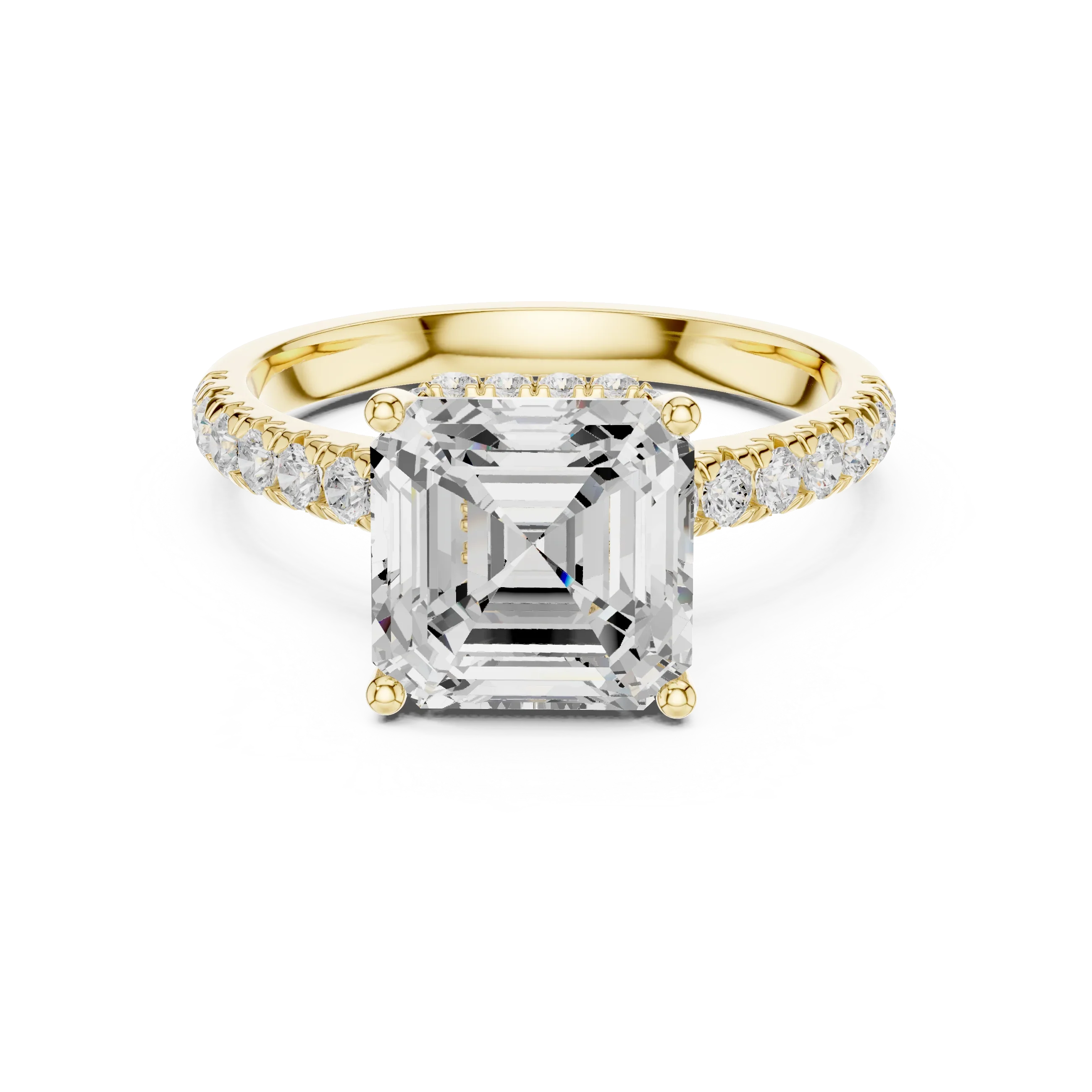 3.67 CTW Asscher Moissanite Cathedral Engagement Diamond Ring with Slim Micropavé Band in 18K White Gold