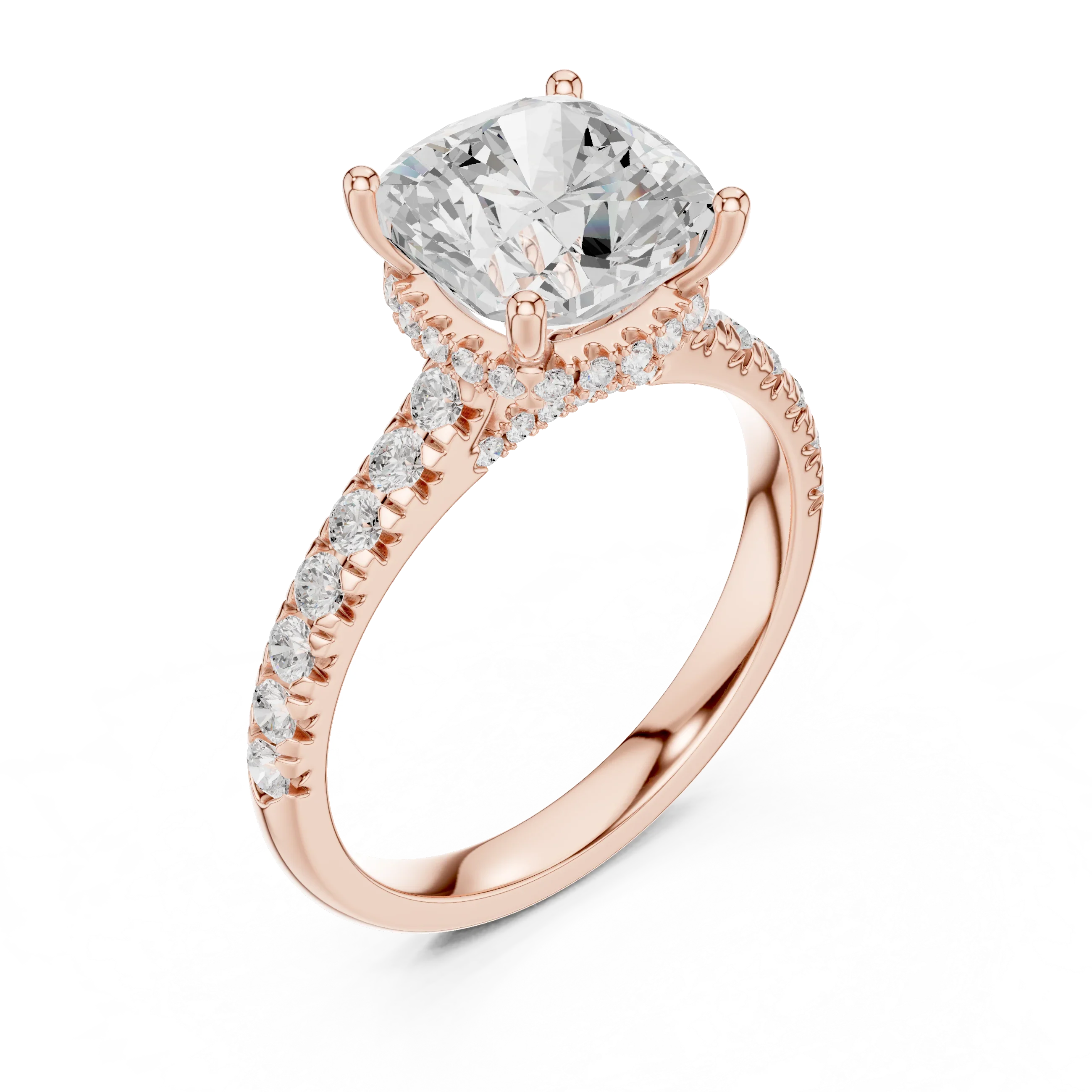 3.67 CTW Cushion Moissanite Cathedral Engagement Diamond Ring with Slim Micropavé Band in 18K White Gold