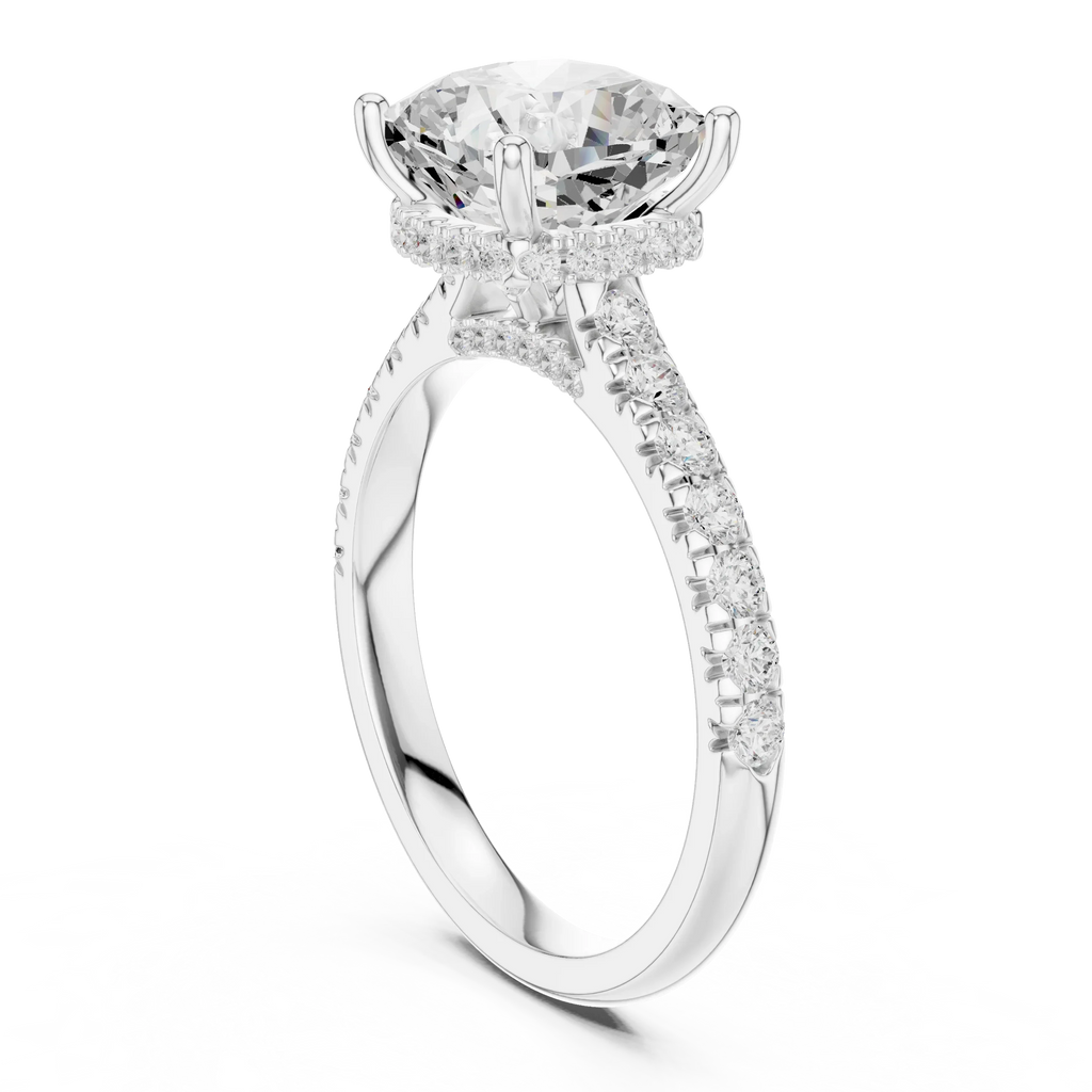 3.67 CTW Cushion Moissanite Cathedral Engagement Diamond Ring with Slim Micropavé Band in 18K White Gold